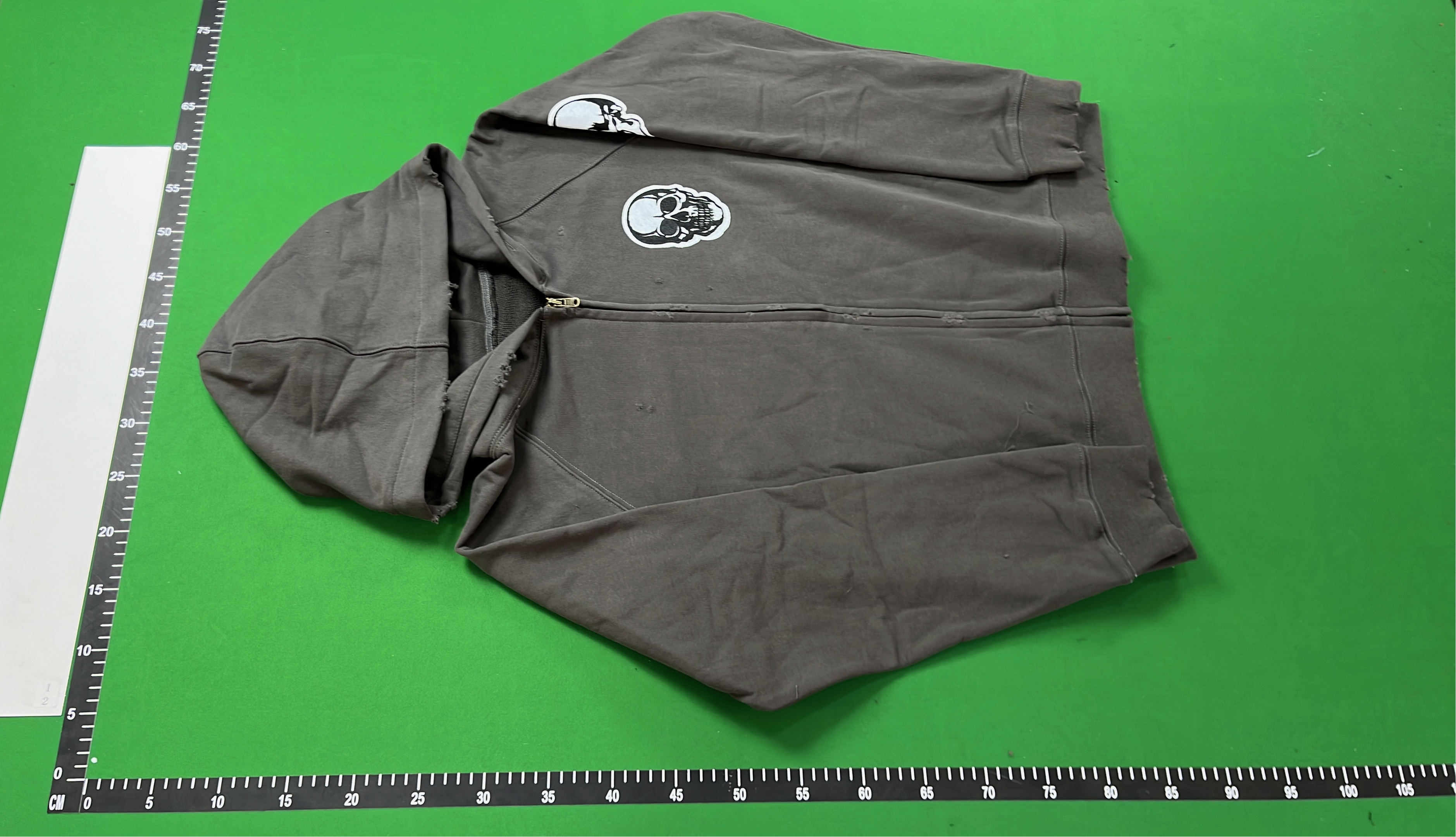 Gray Skull Patch Hoodie with Zipper Front