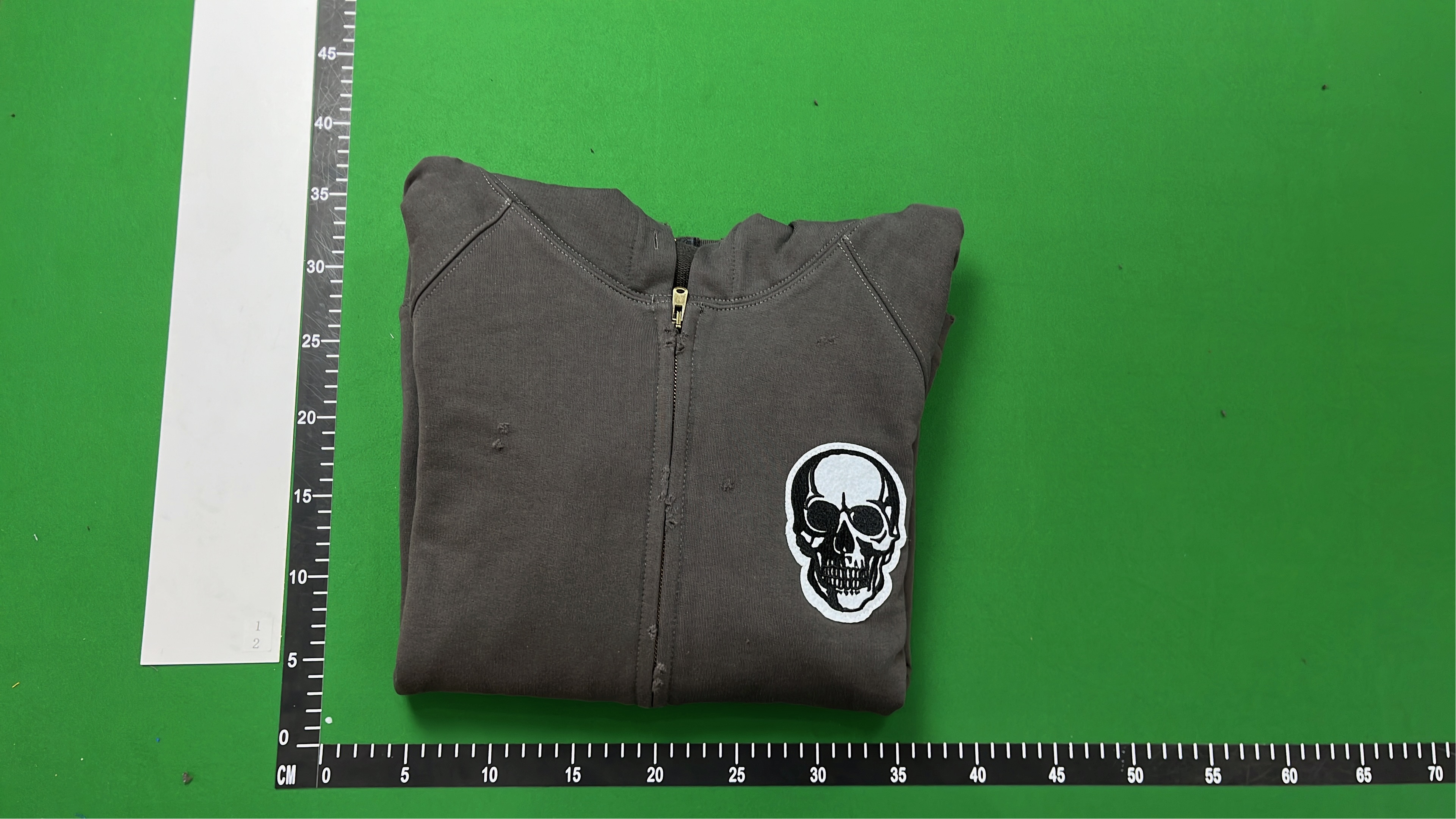 Gray Skull Patch Hoodie with Zipper Front