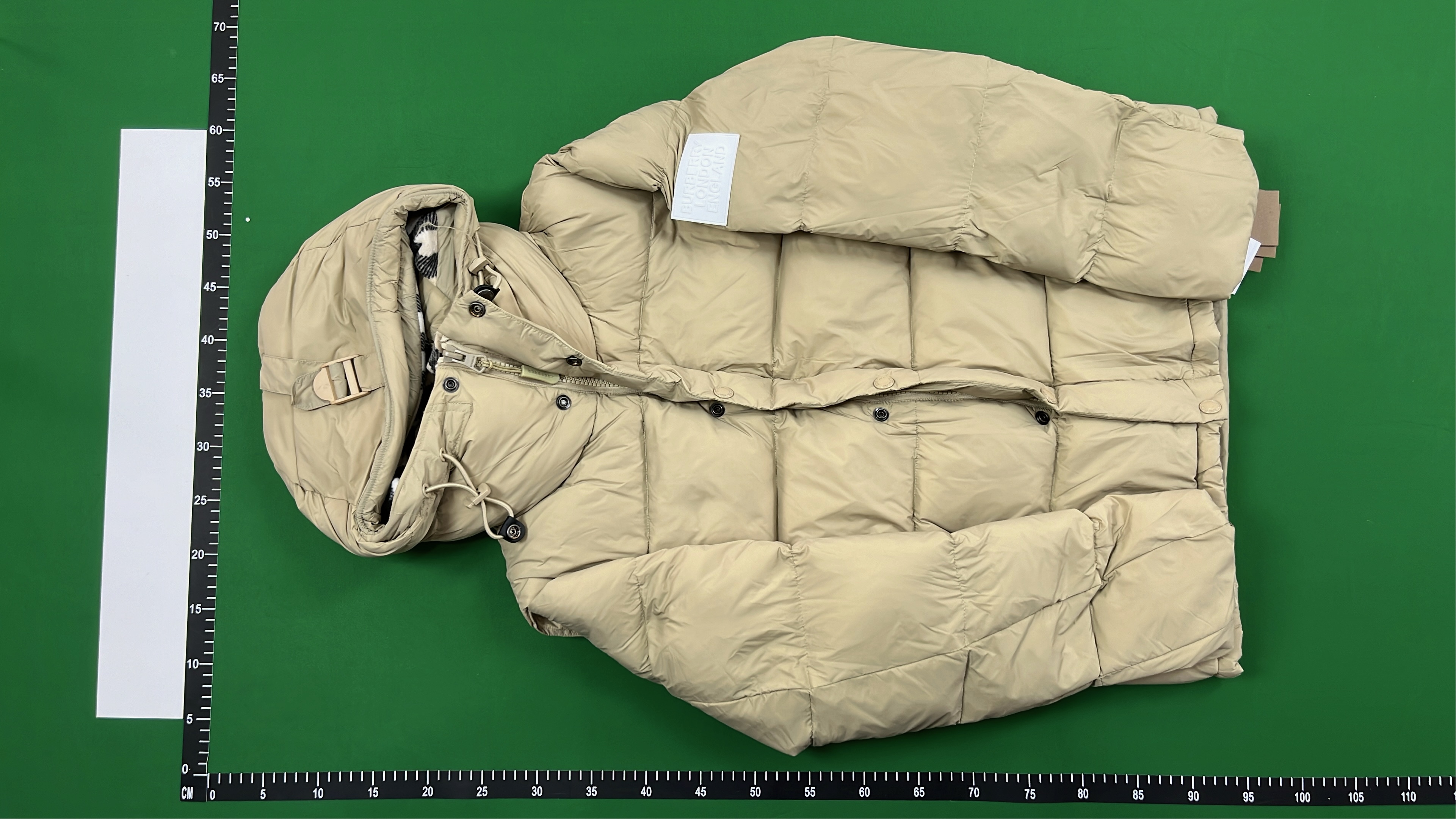 Beige Puffer Jacket with Hood and Plaid Lining