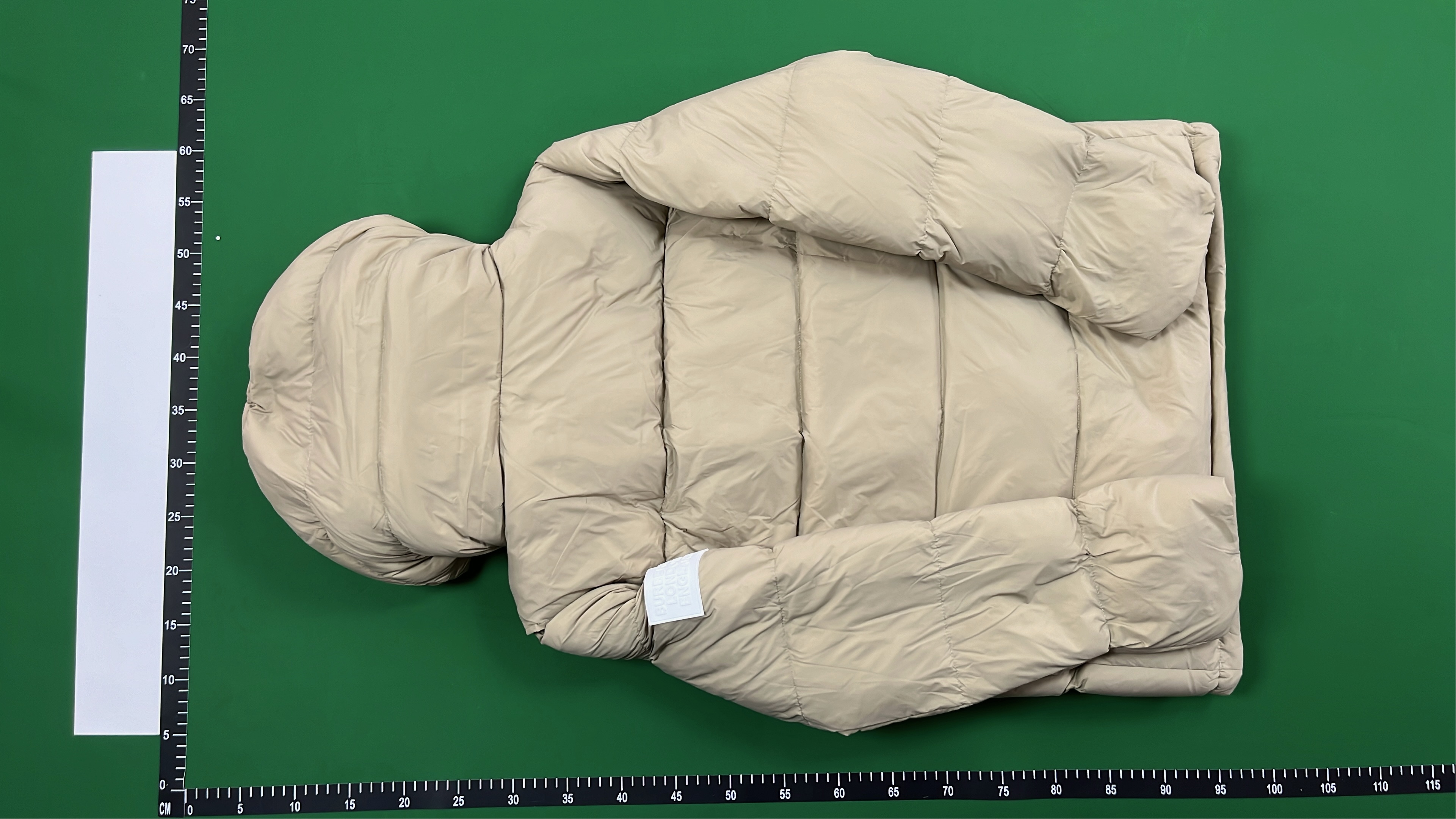 Beige Puffer Jacket with Hood and Plaid Lining