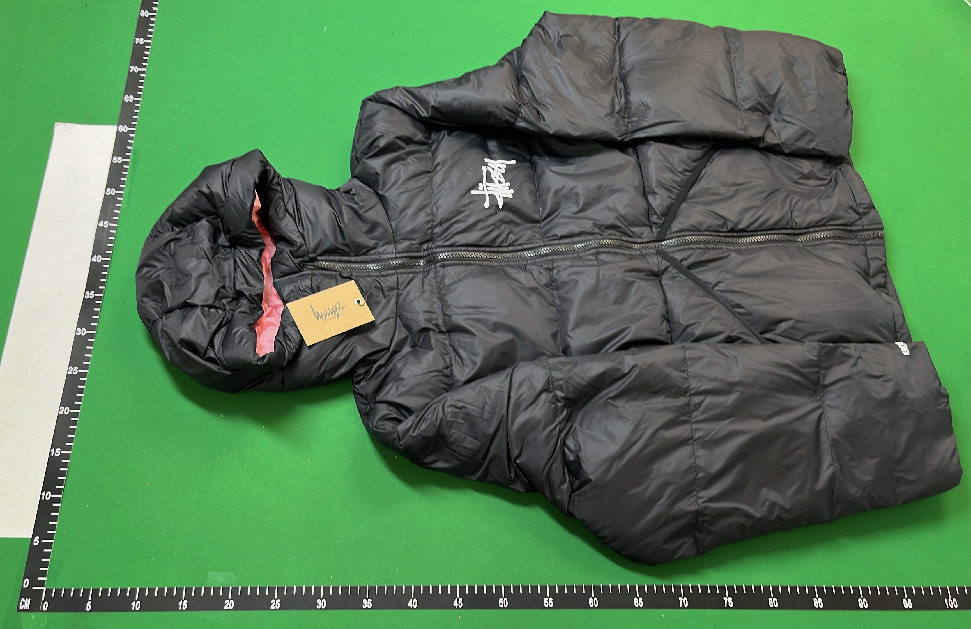 Stussy Black Puffer Jacket with Hood and Pink Lining