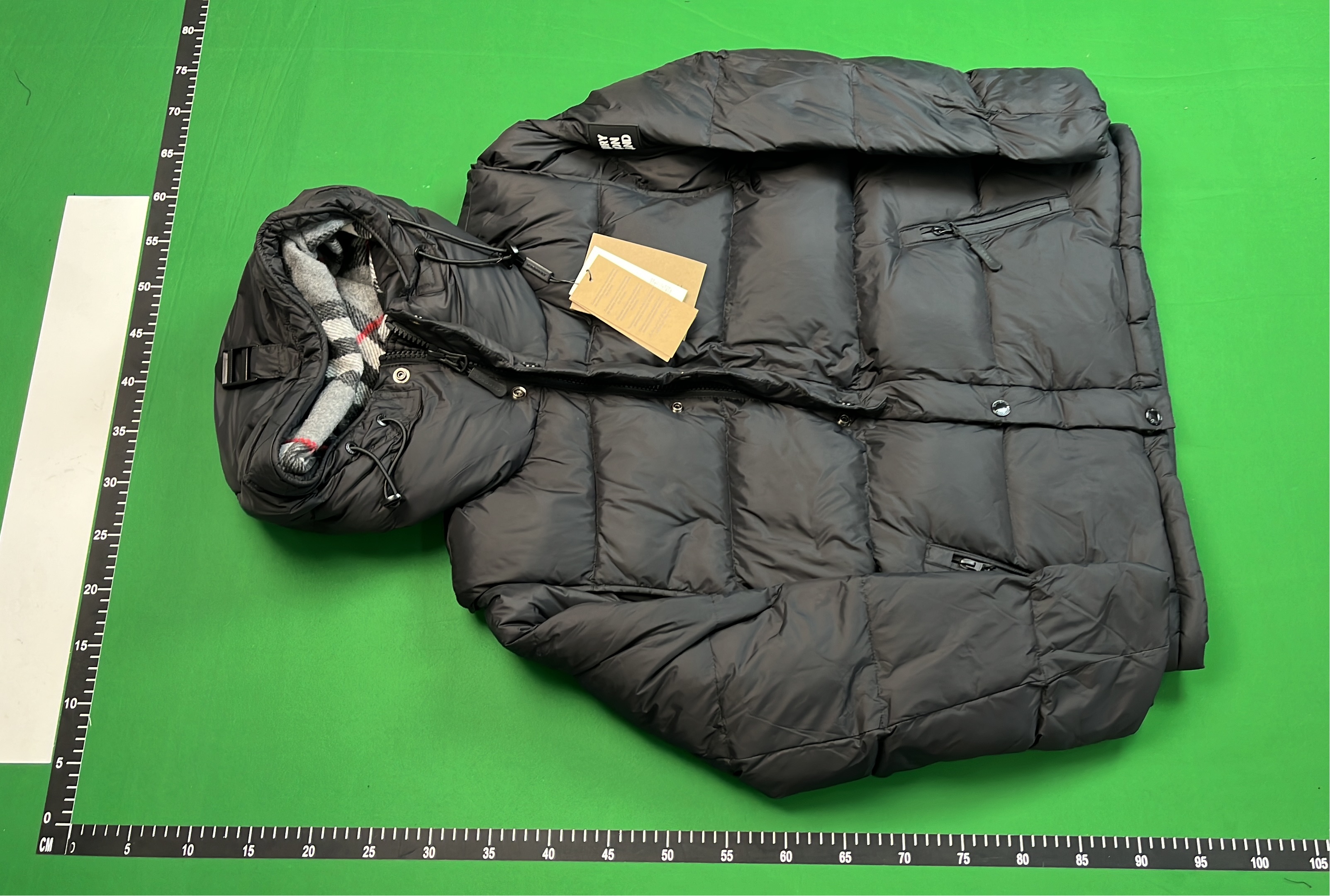 Beige Down Jacket with Check Lining and Hood