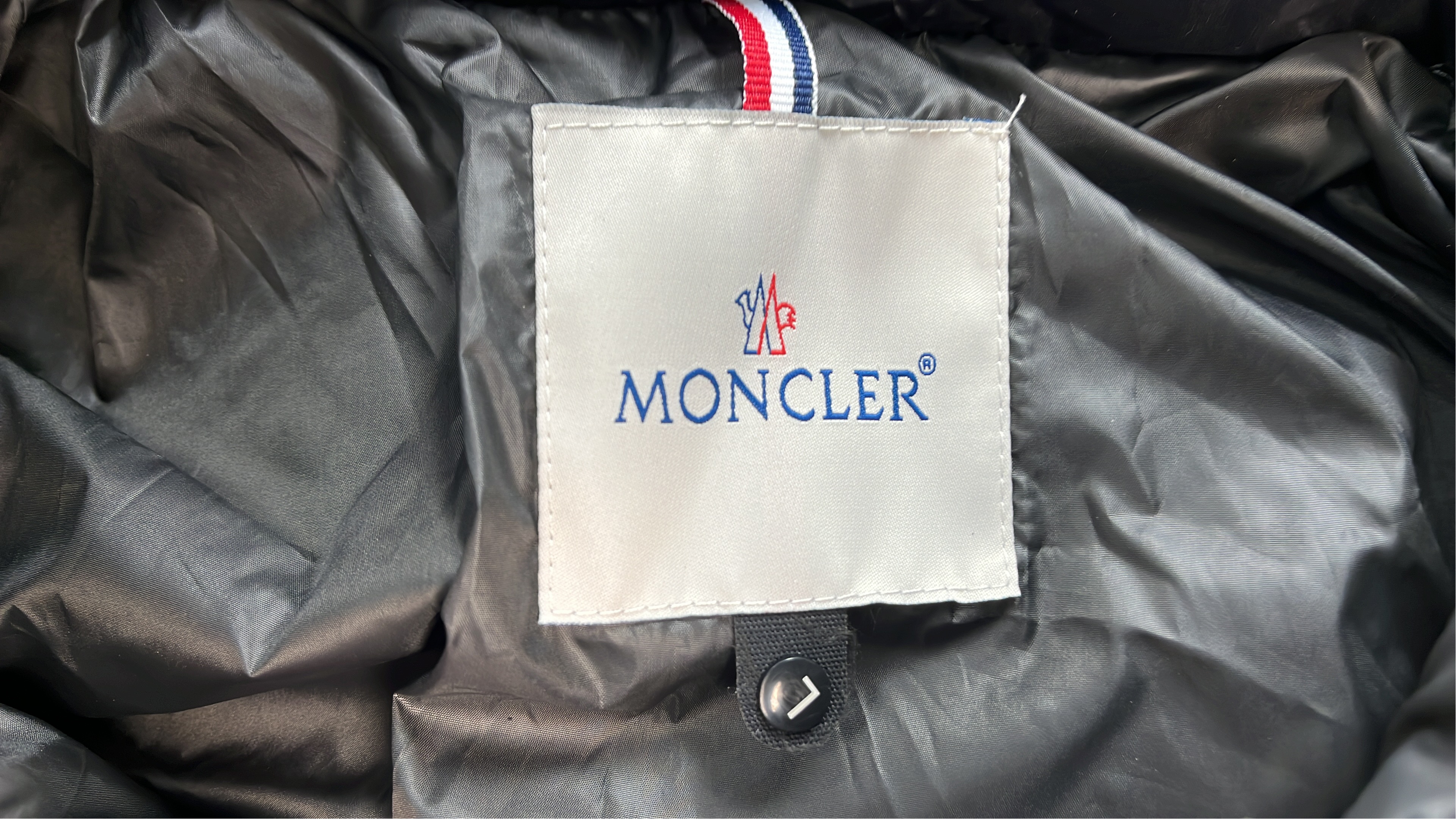Black Moncler Down Jacket with Red White Stripe Zip