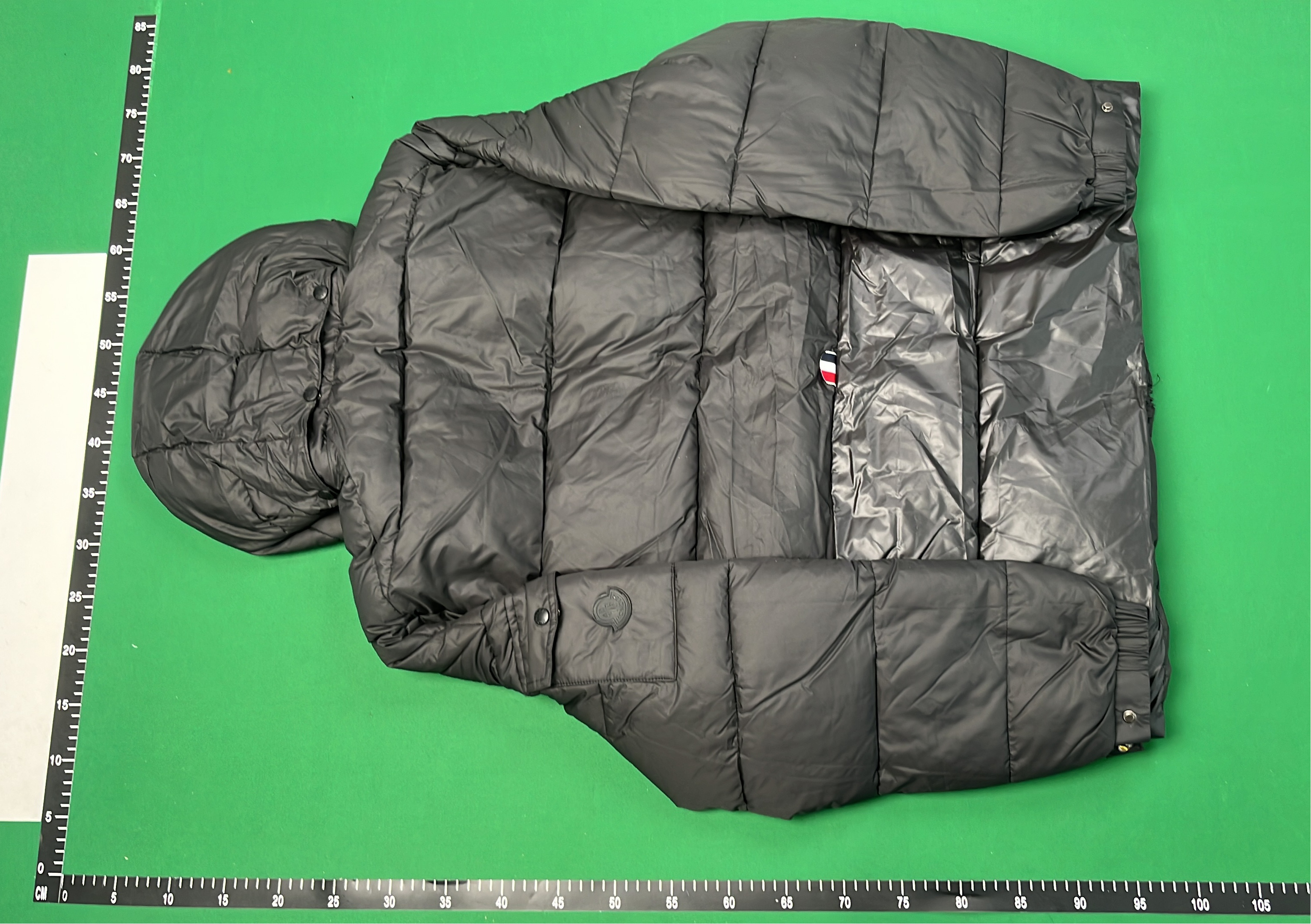 Moncler Black Puffer Jacket with Red White Stripe