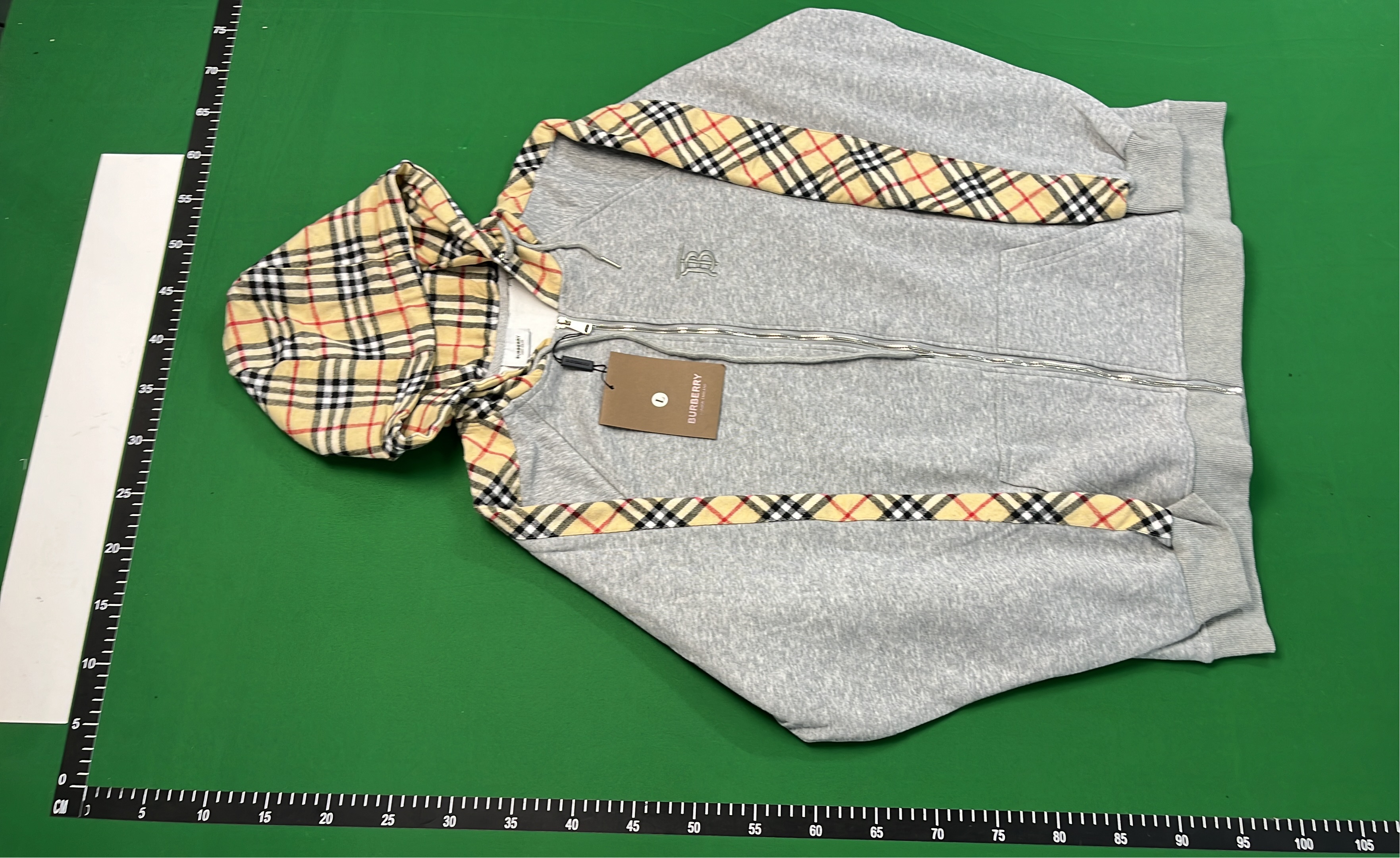 Burberry Grey Hoodie with Check Pattern Sleeves