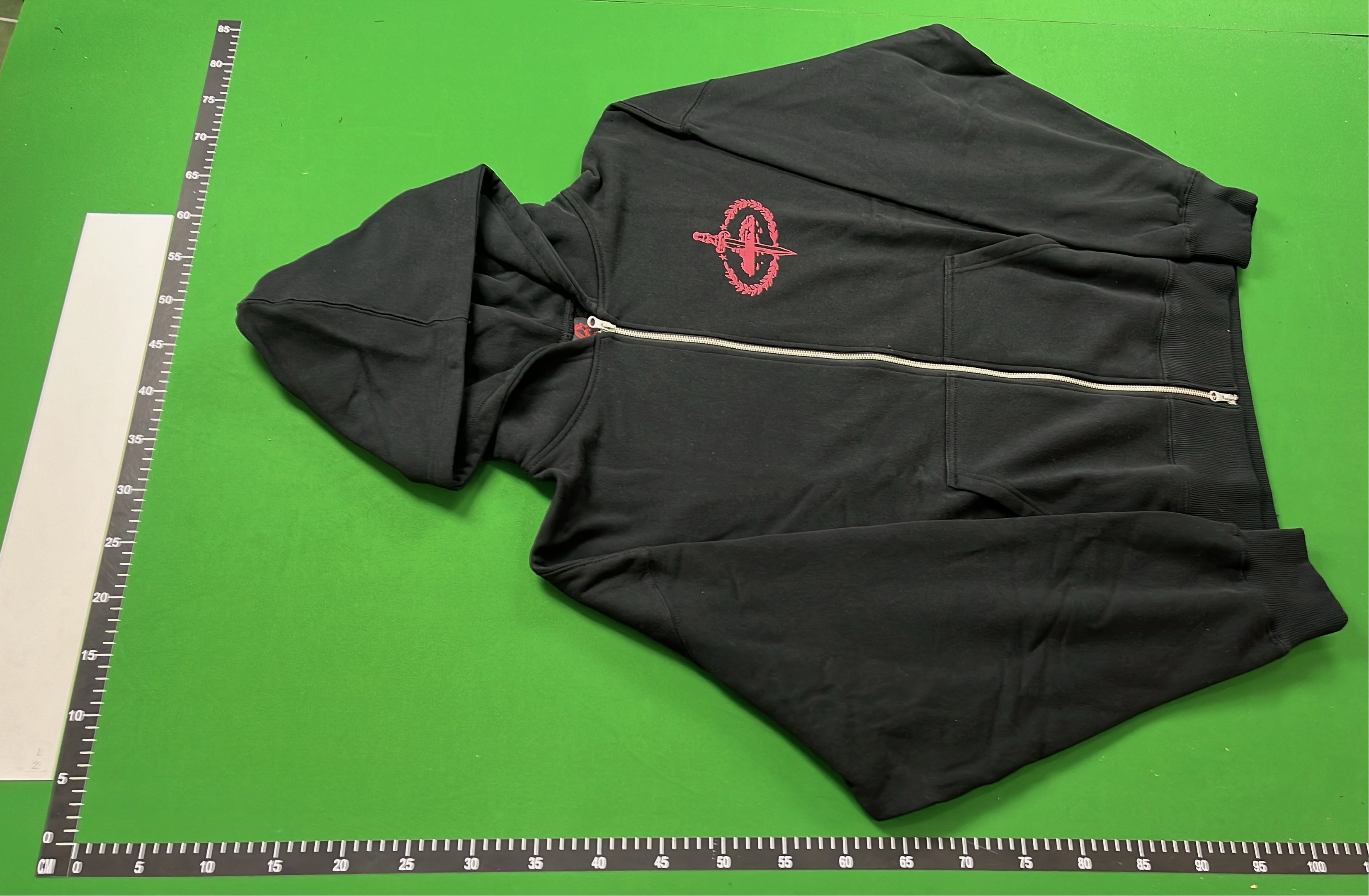 Black Zip-Up Hoodie with Red Abstract Print