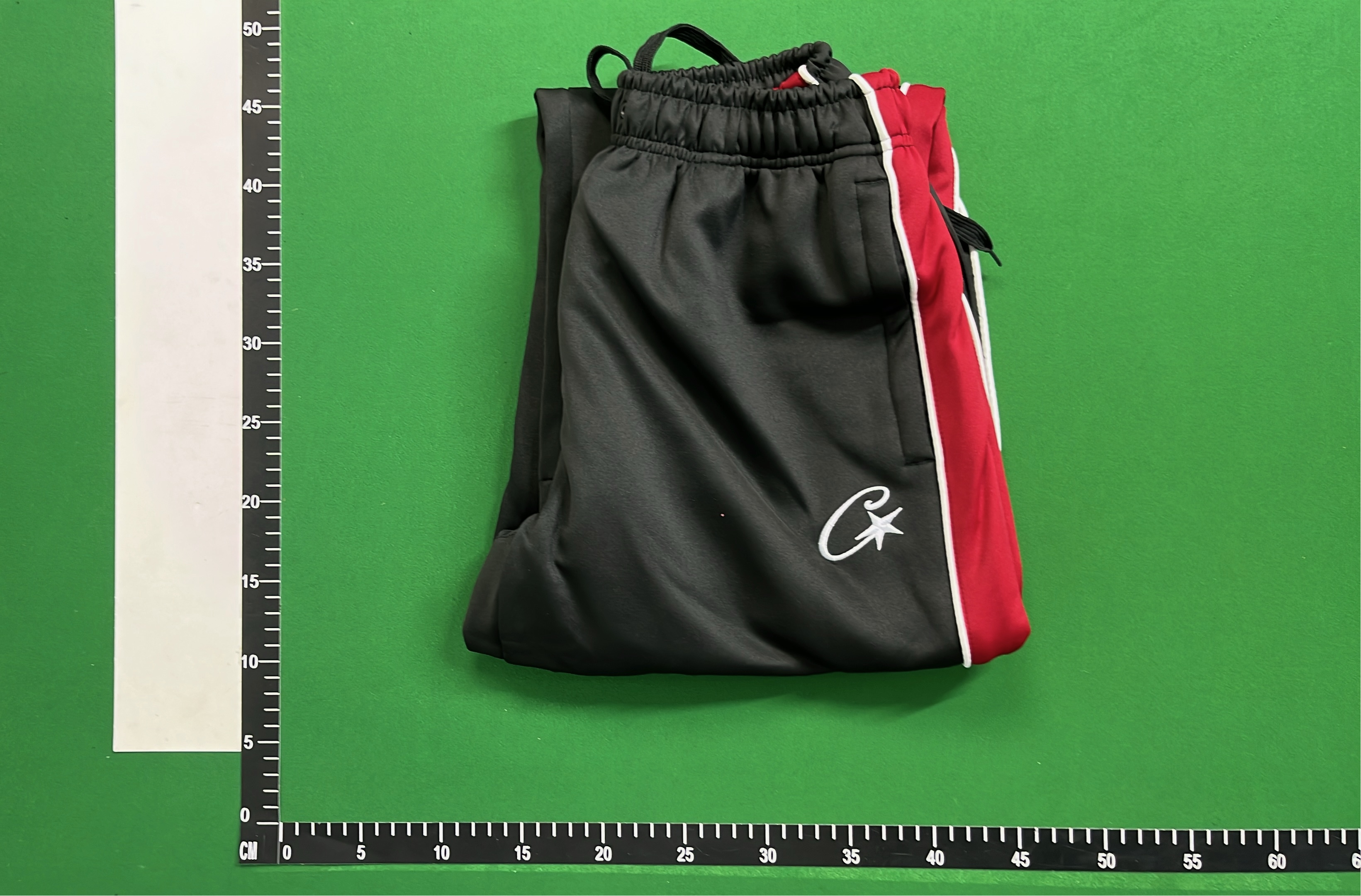 Black Track Pants with Red White Stripes and Logo