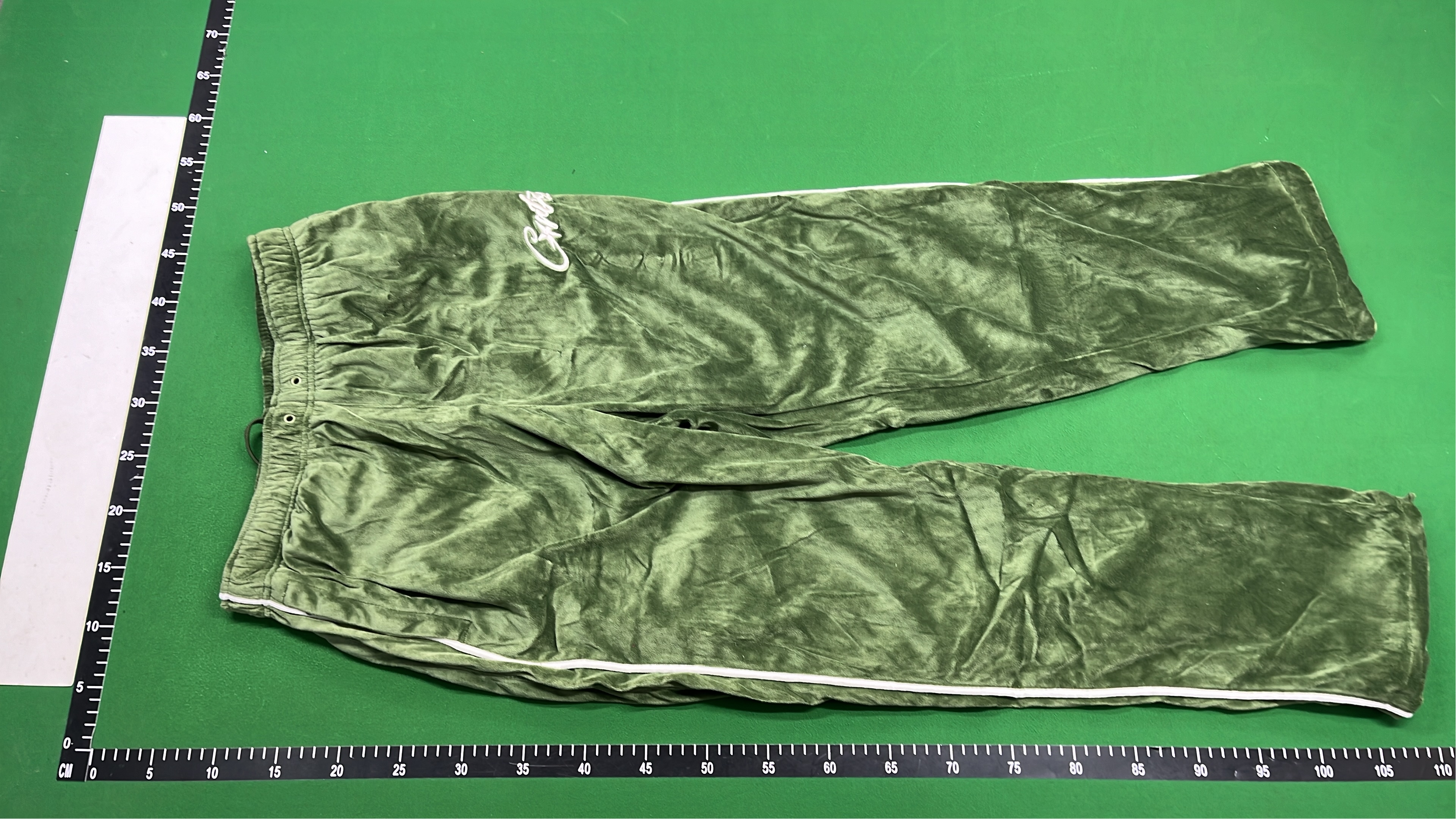 Olive Green Velour Track Pants with Side Stripes