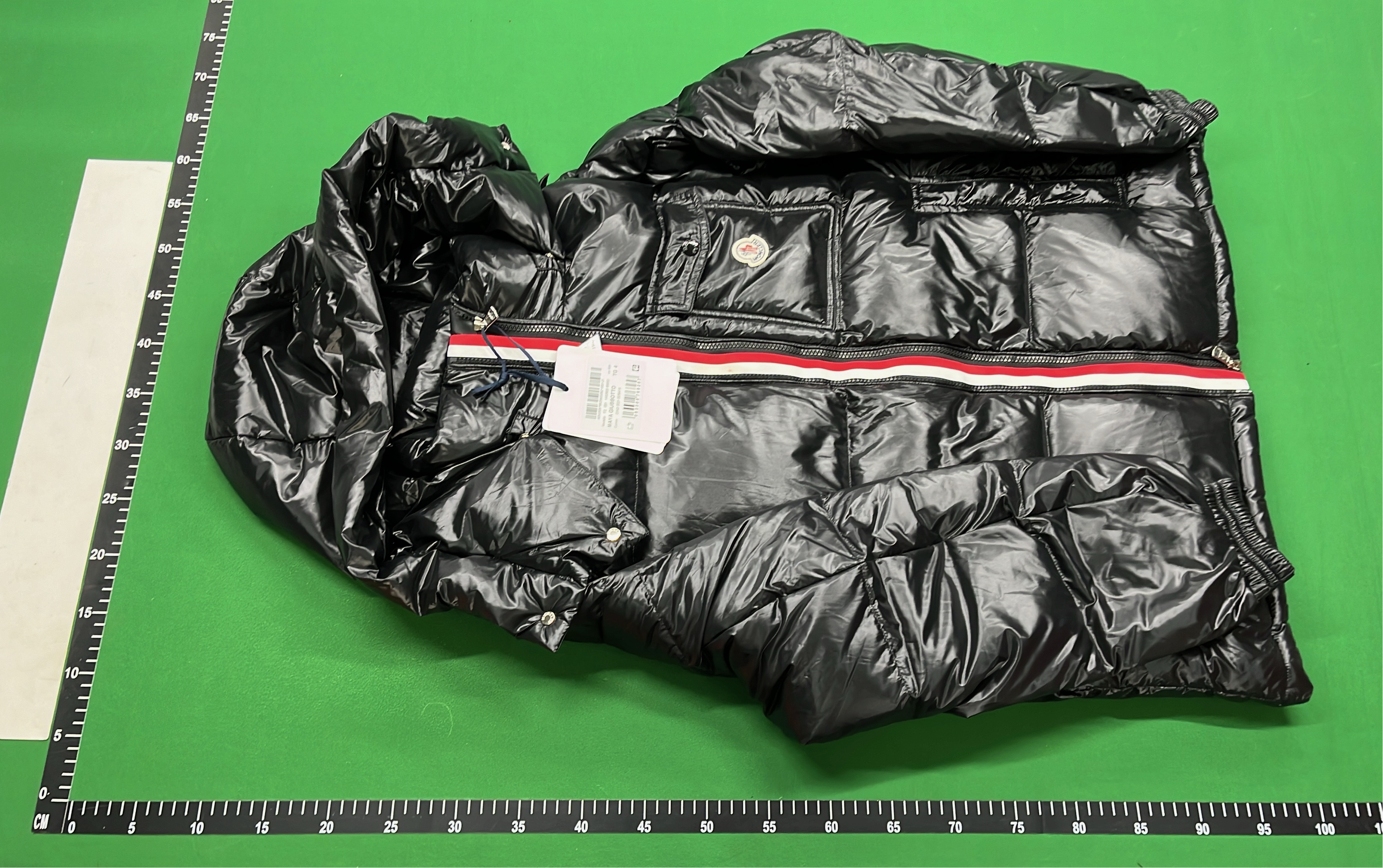 Moncler Black Down Jacket with Hood and Red White Stripe