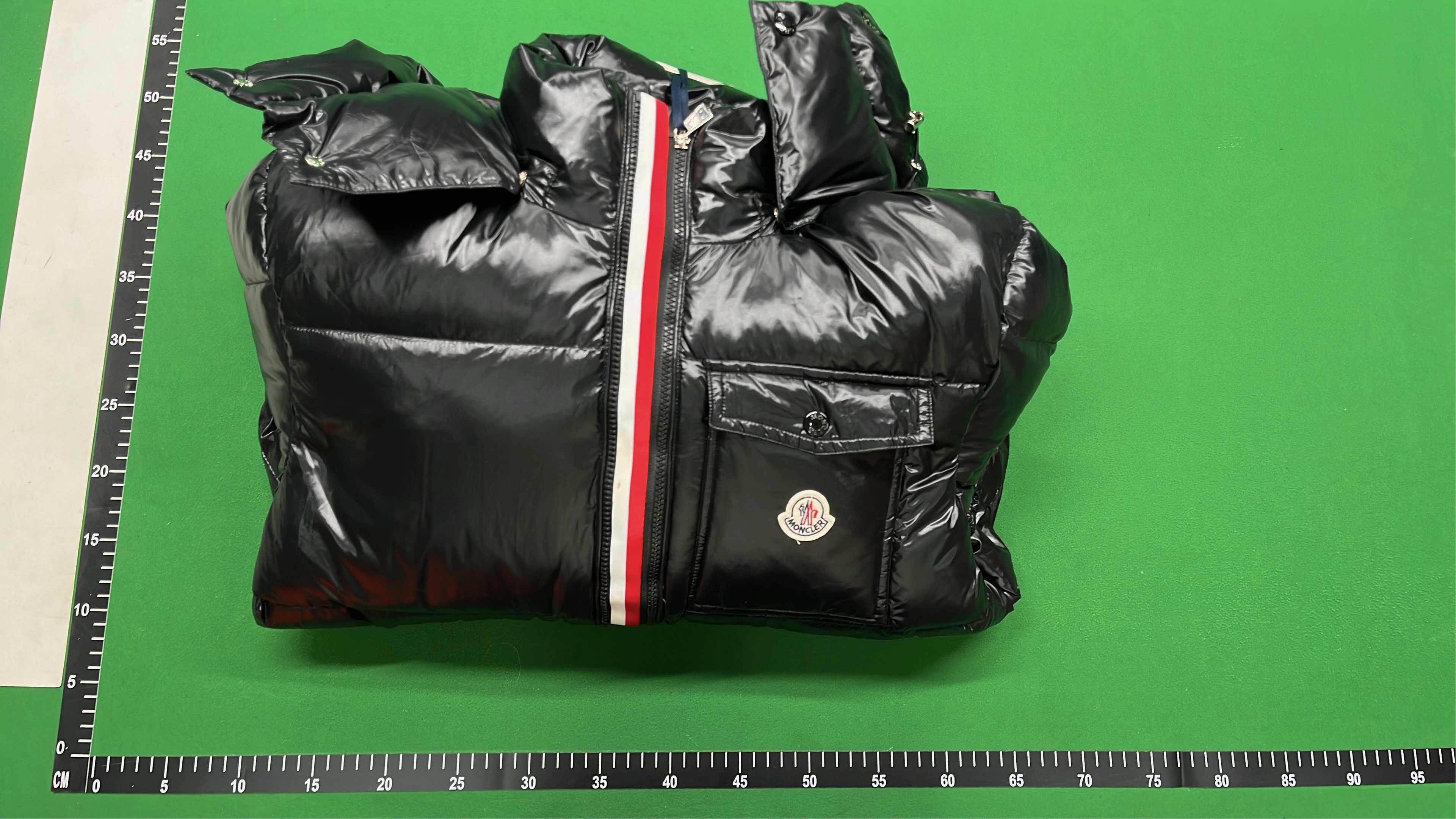 Moncler Black Down Jacket with Hood and Red White Stripe