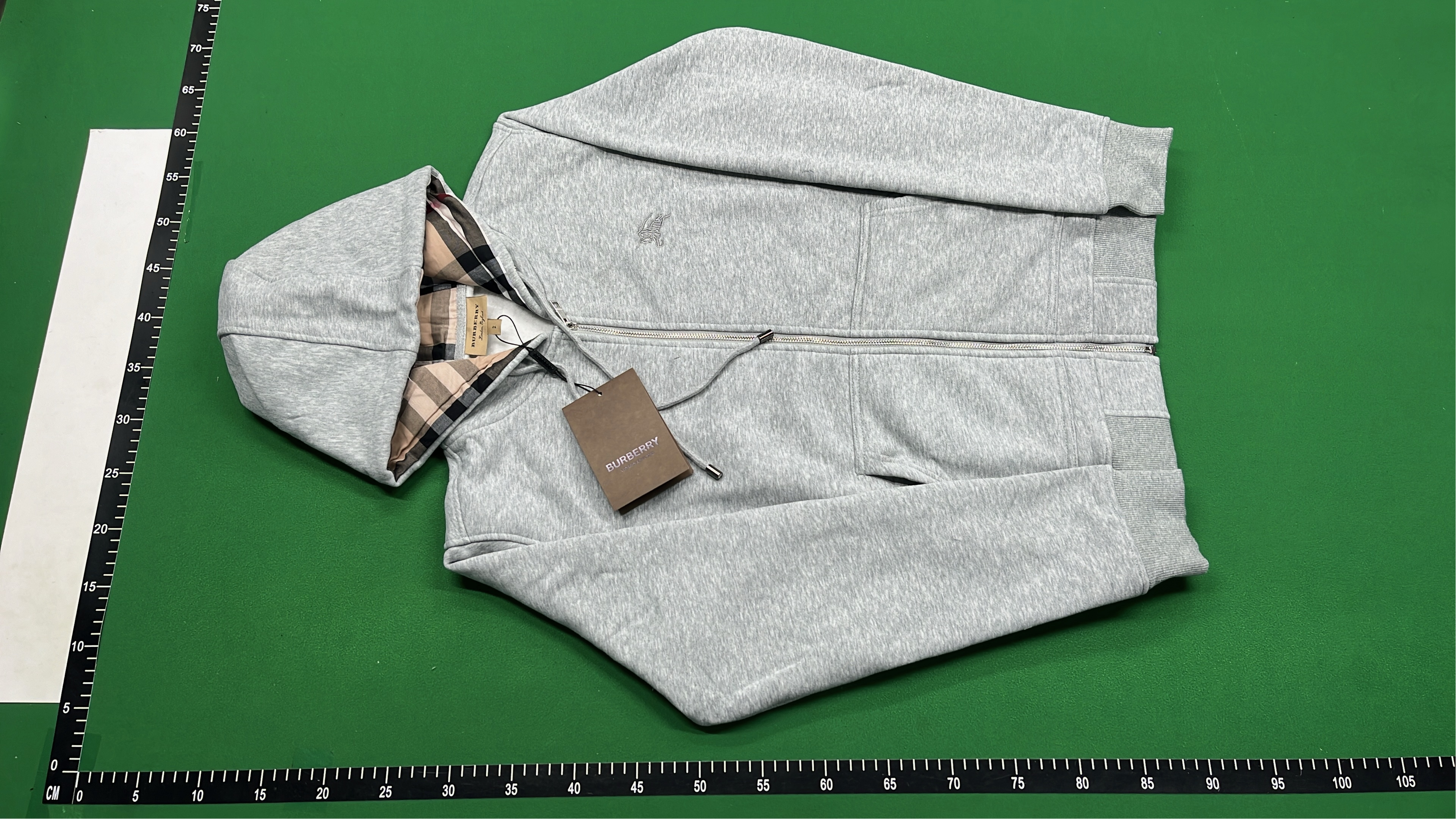 Light Gray Zip-Up Hoodie with Check Lining