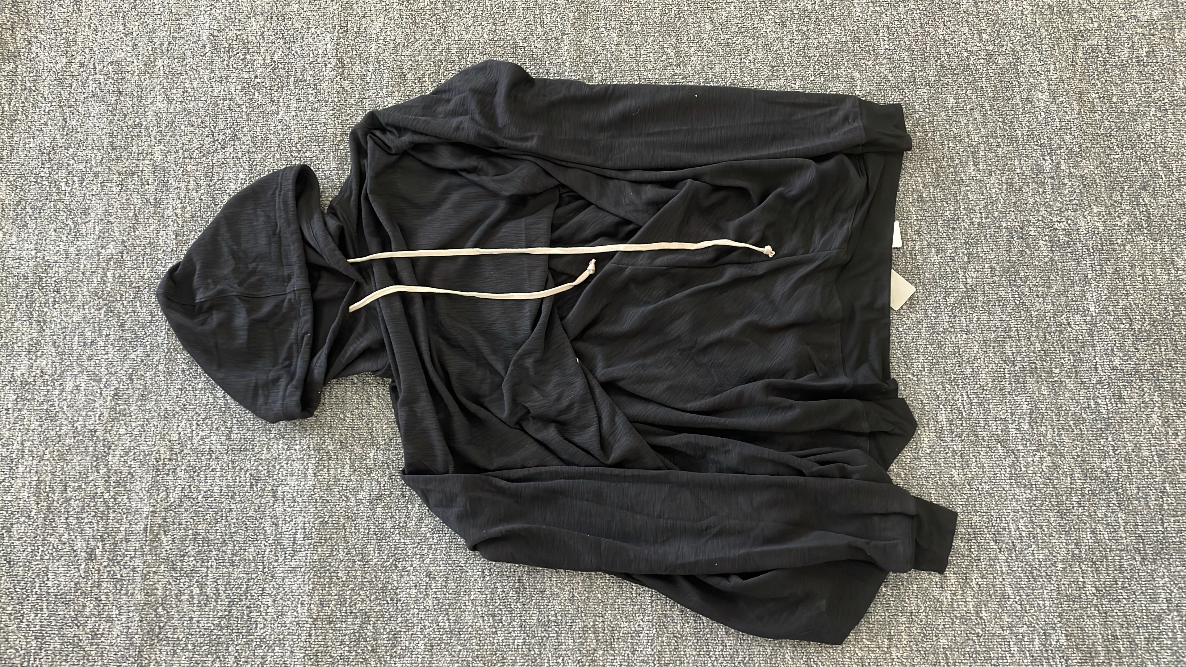 Black Asymmetrical Hoodie with White Drawstrings