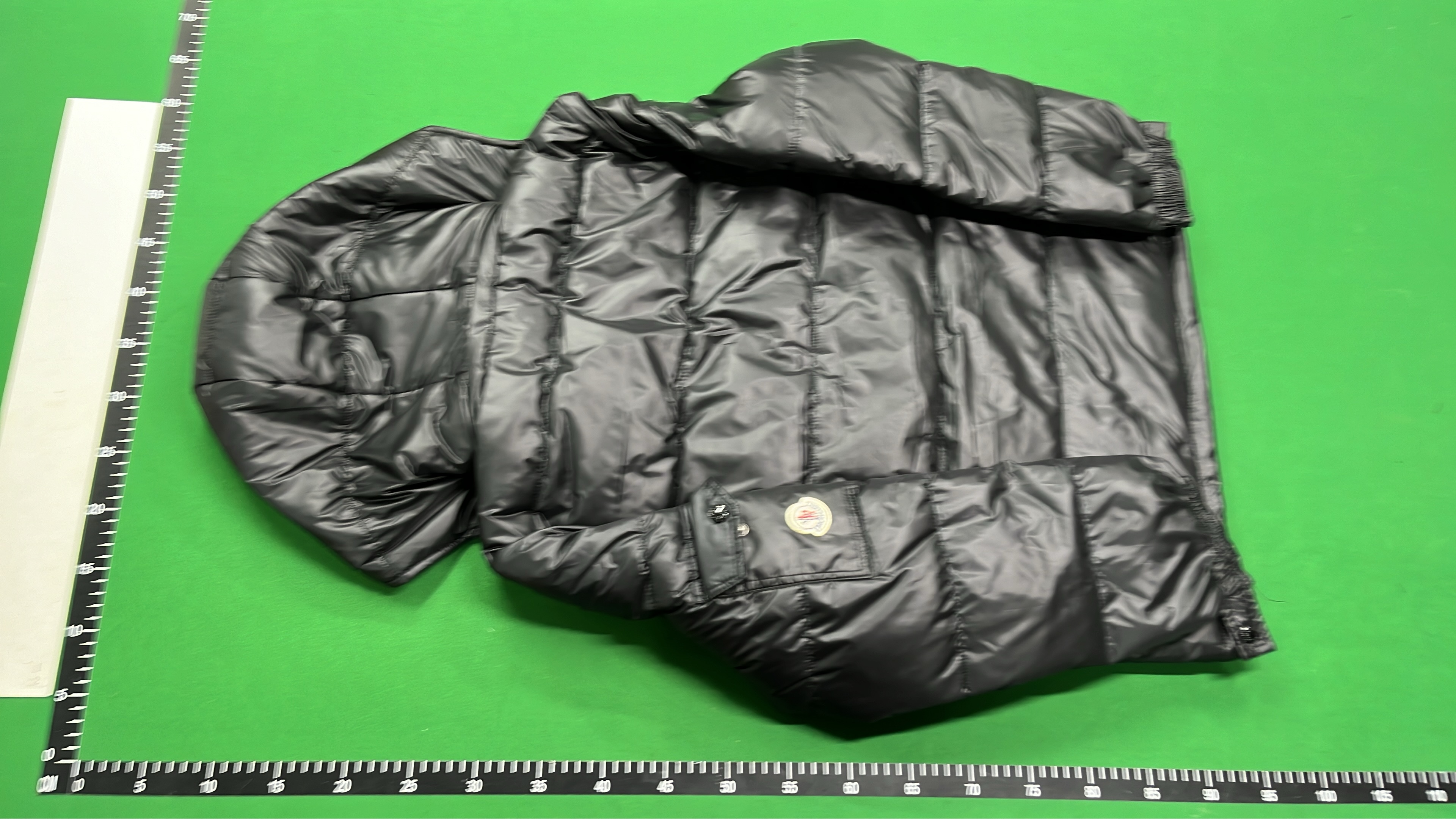 Moncler Black Puffer Jacket with Hood and Red-White Stripe