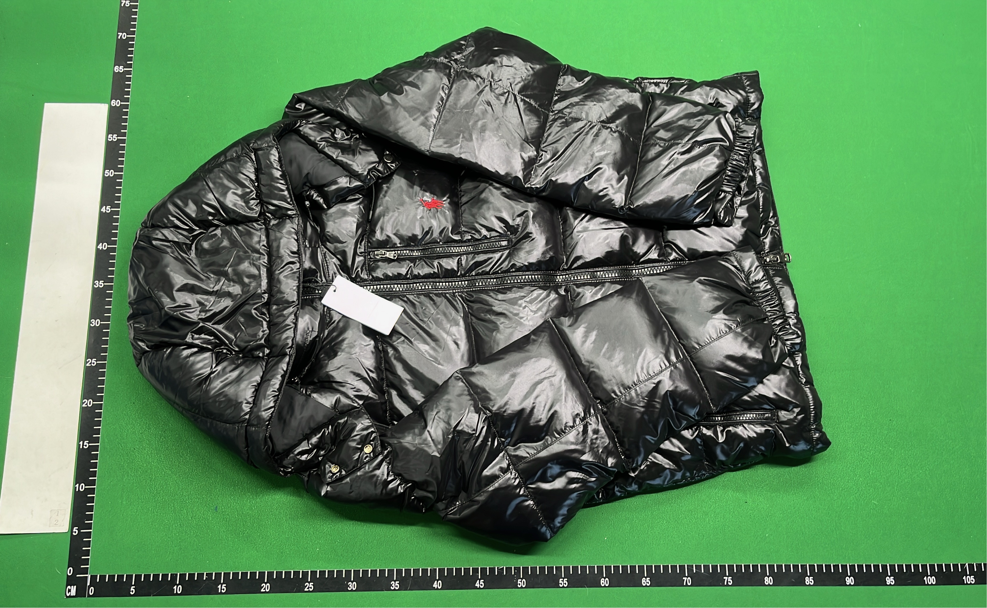Black Puffer Jacket with Hood and Red Pony Logo