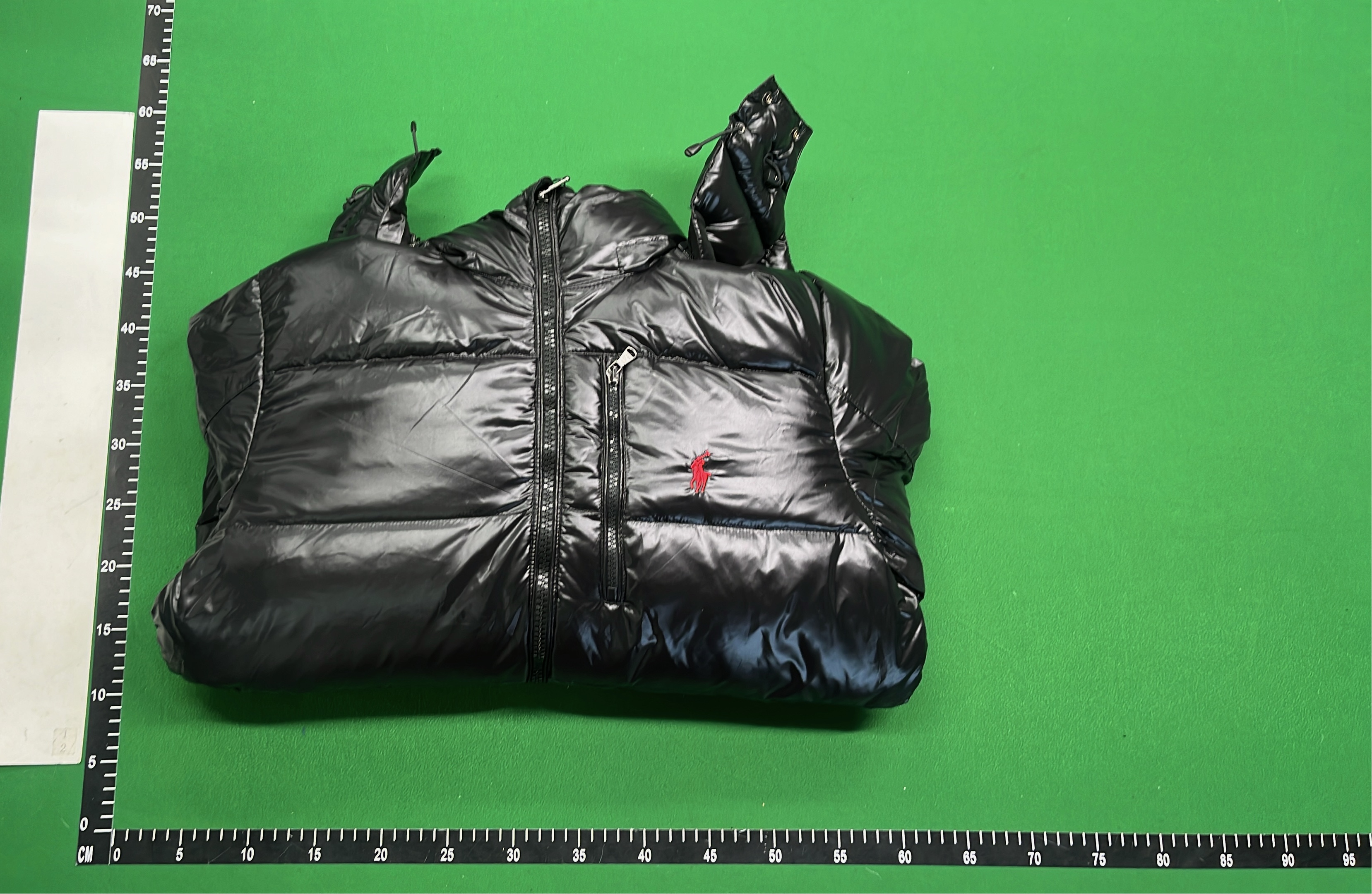 Black Puffer Jacket with Hood and Red Pony Logo