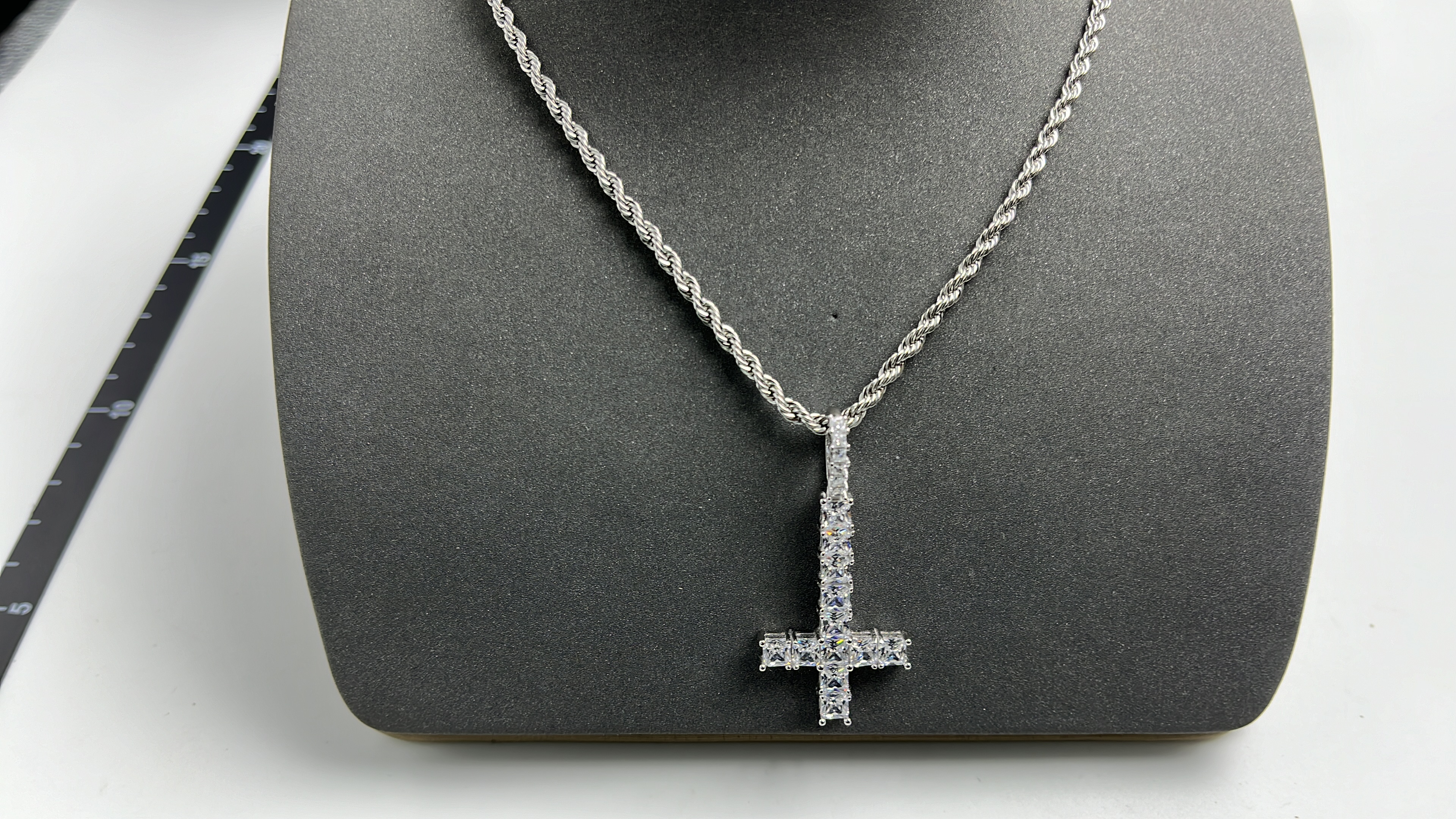Diamond Cross Pendant Necklace for Men - Silver Chain with Prong Set Stones