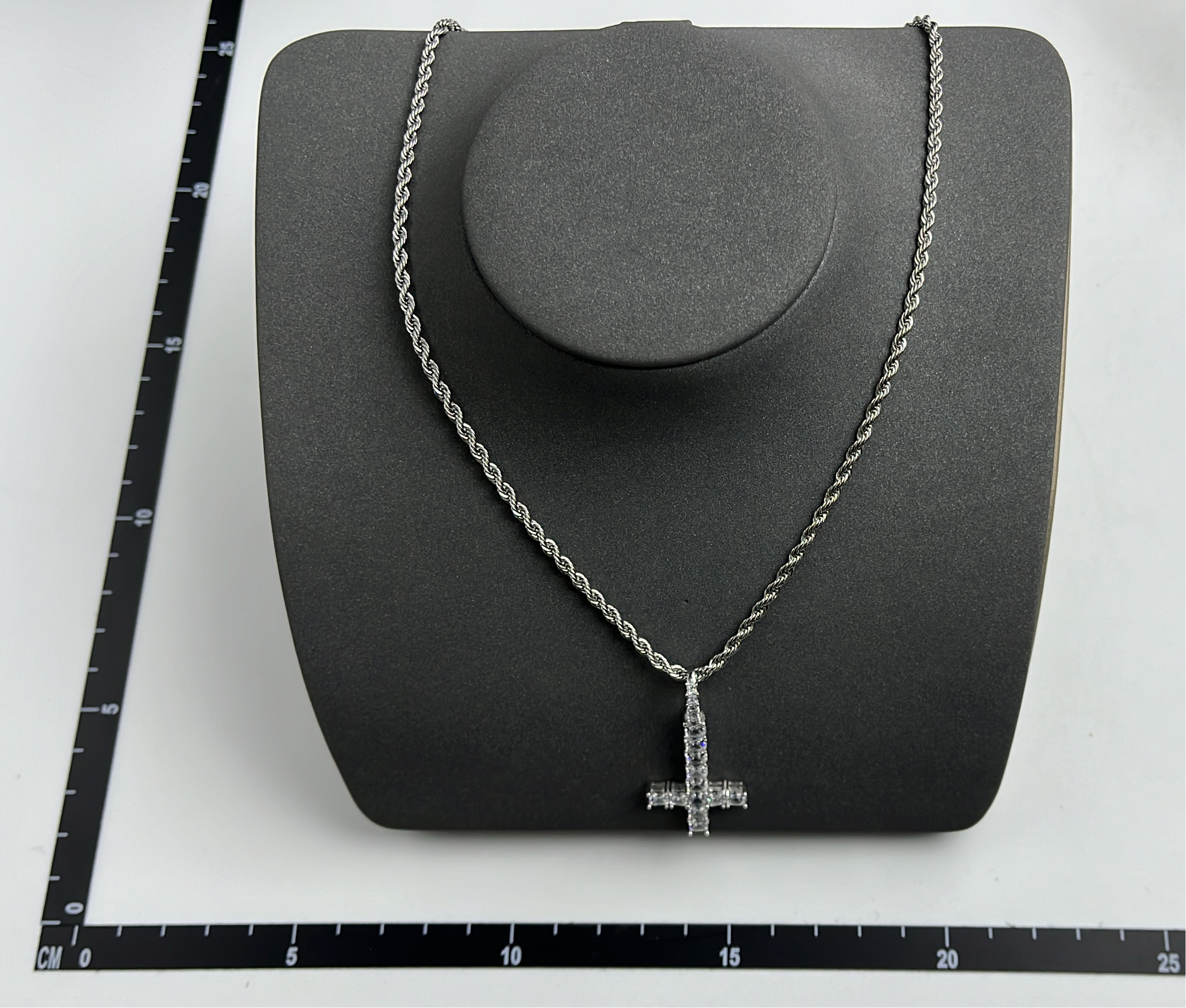 Diamond Cross Pendant Necklace for Men - Silver Chain with Prong Set Stones