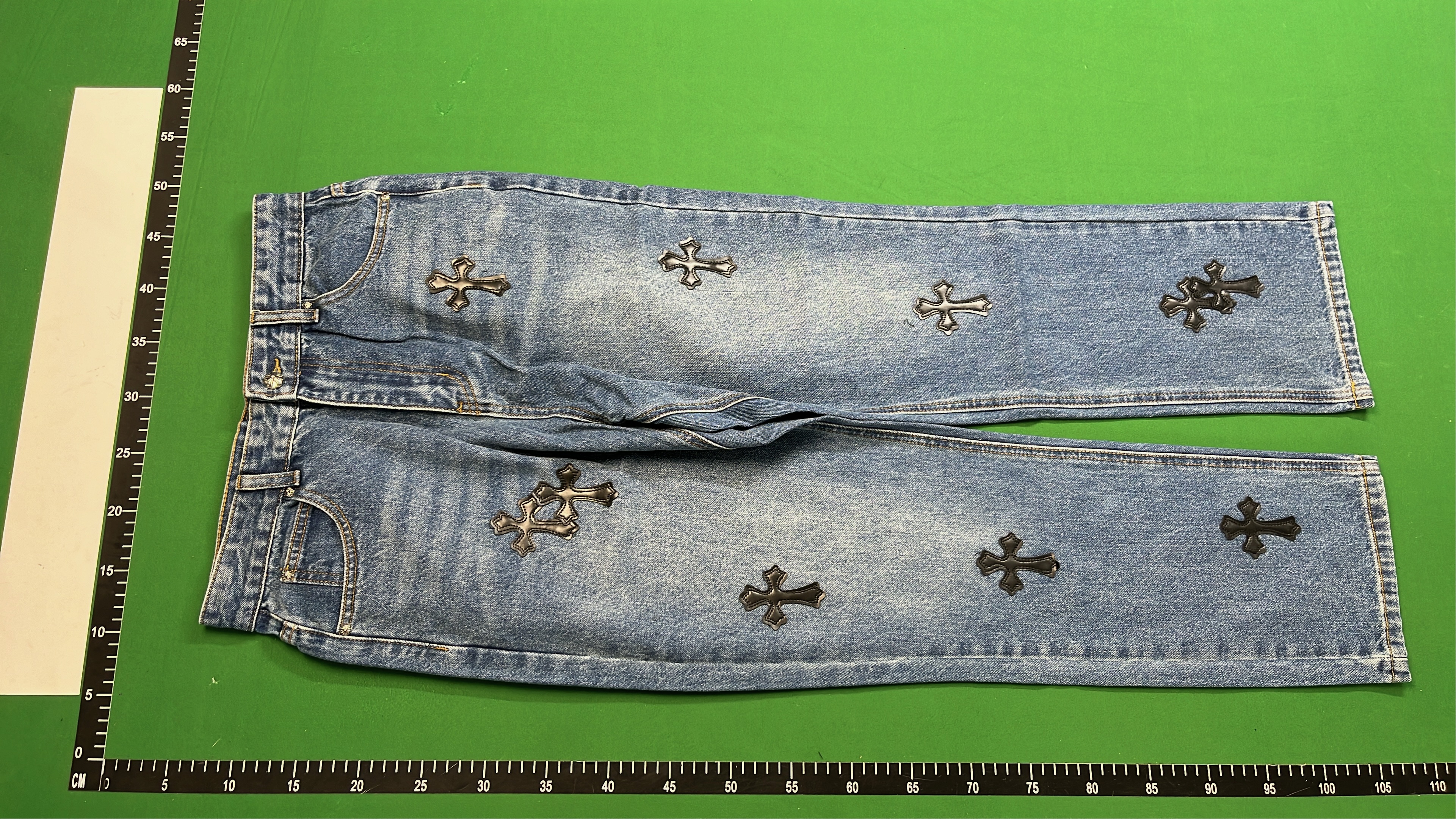 NoStylist Embroidered Denim Pants with Cross and Graphic Design