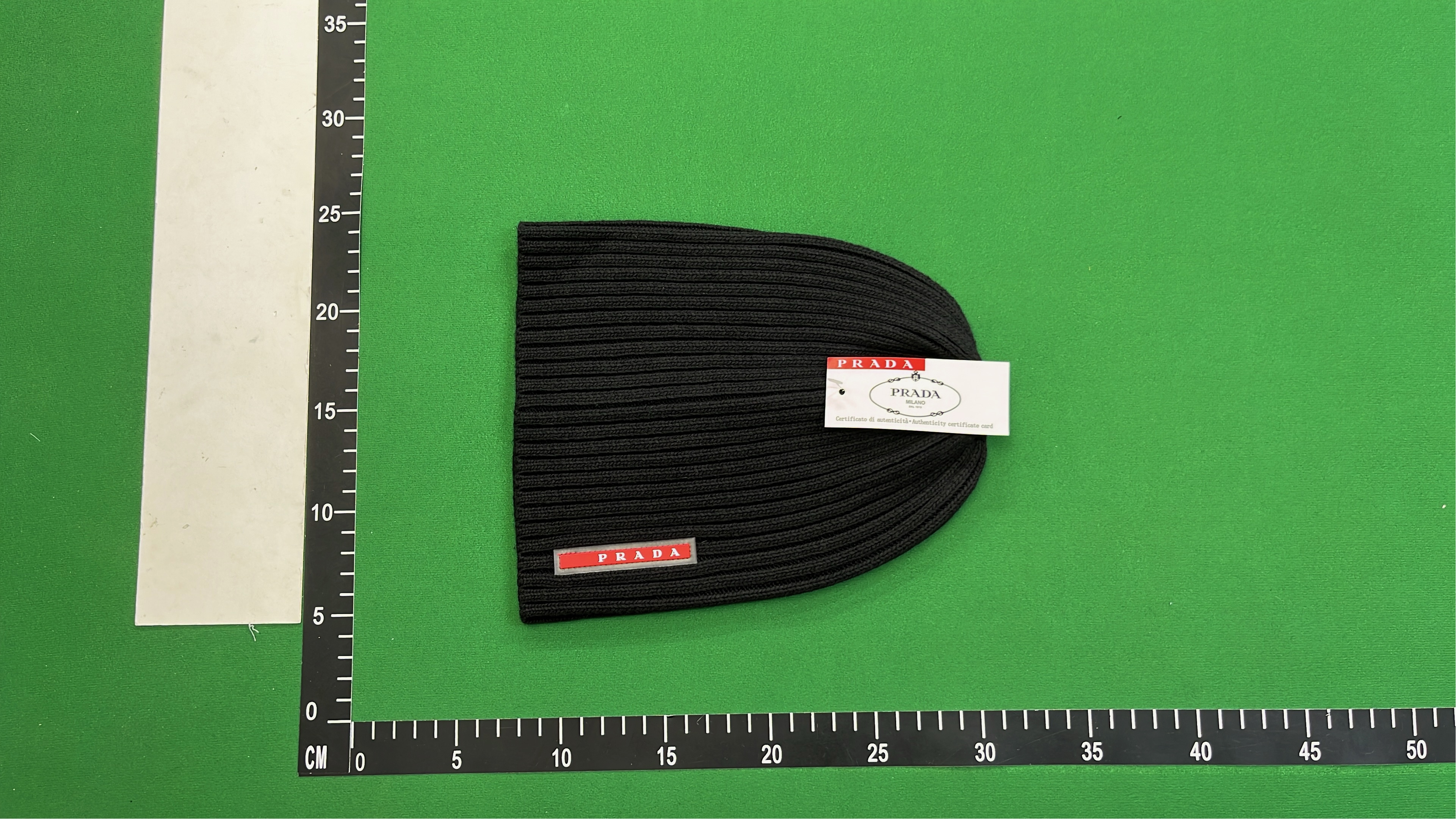 Prada Black Ribbed Knit Beanie with Logo Patch