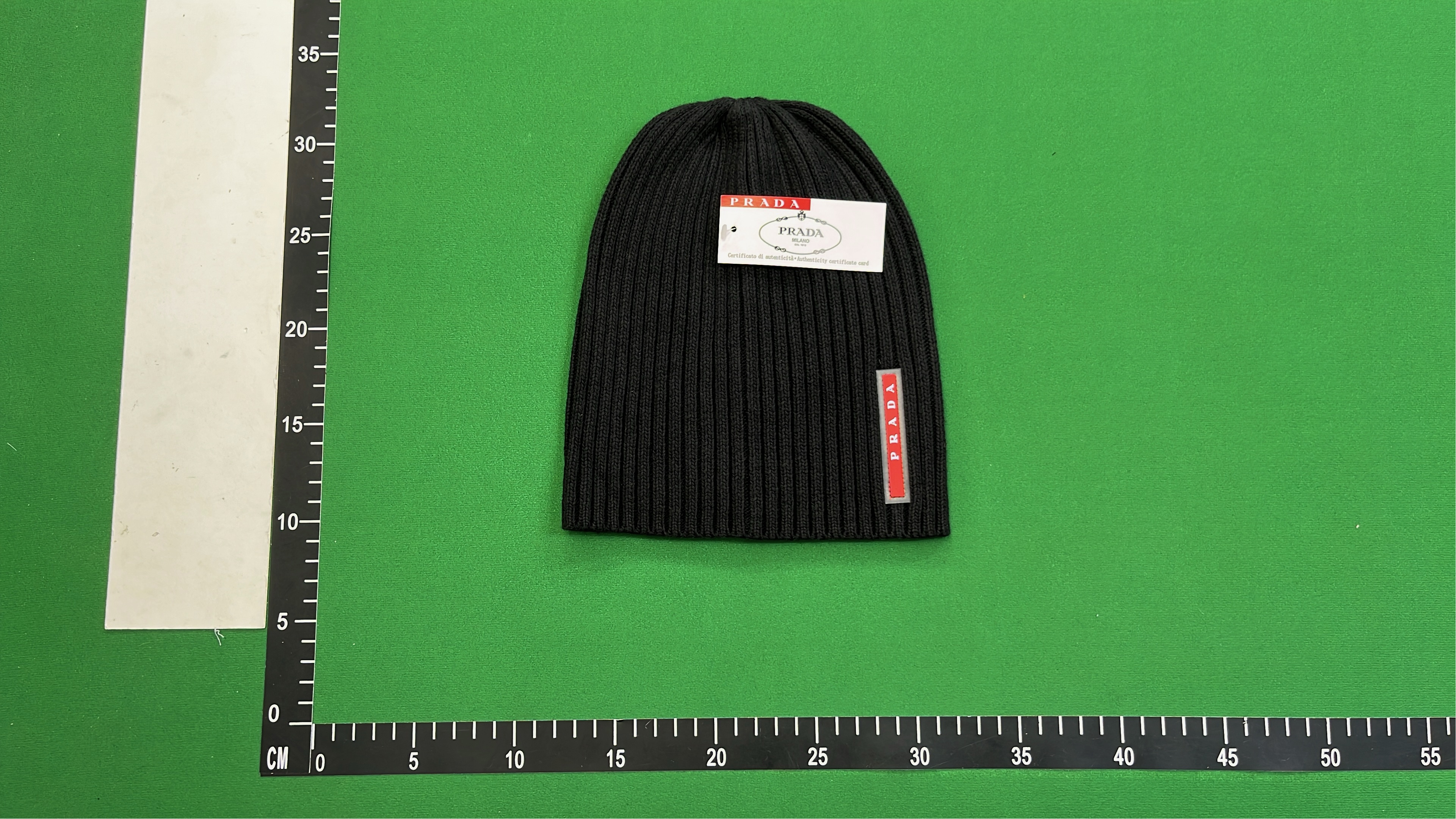 Prada Black Ribbed Knit Beanie with Logo Patch