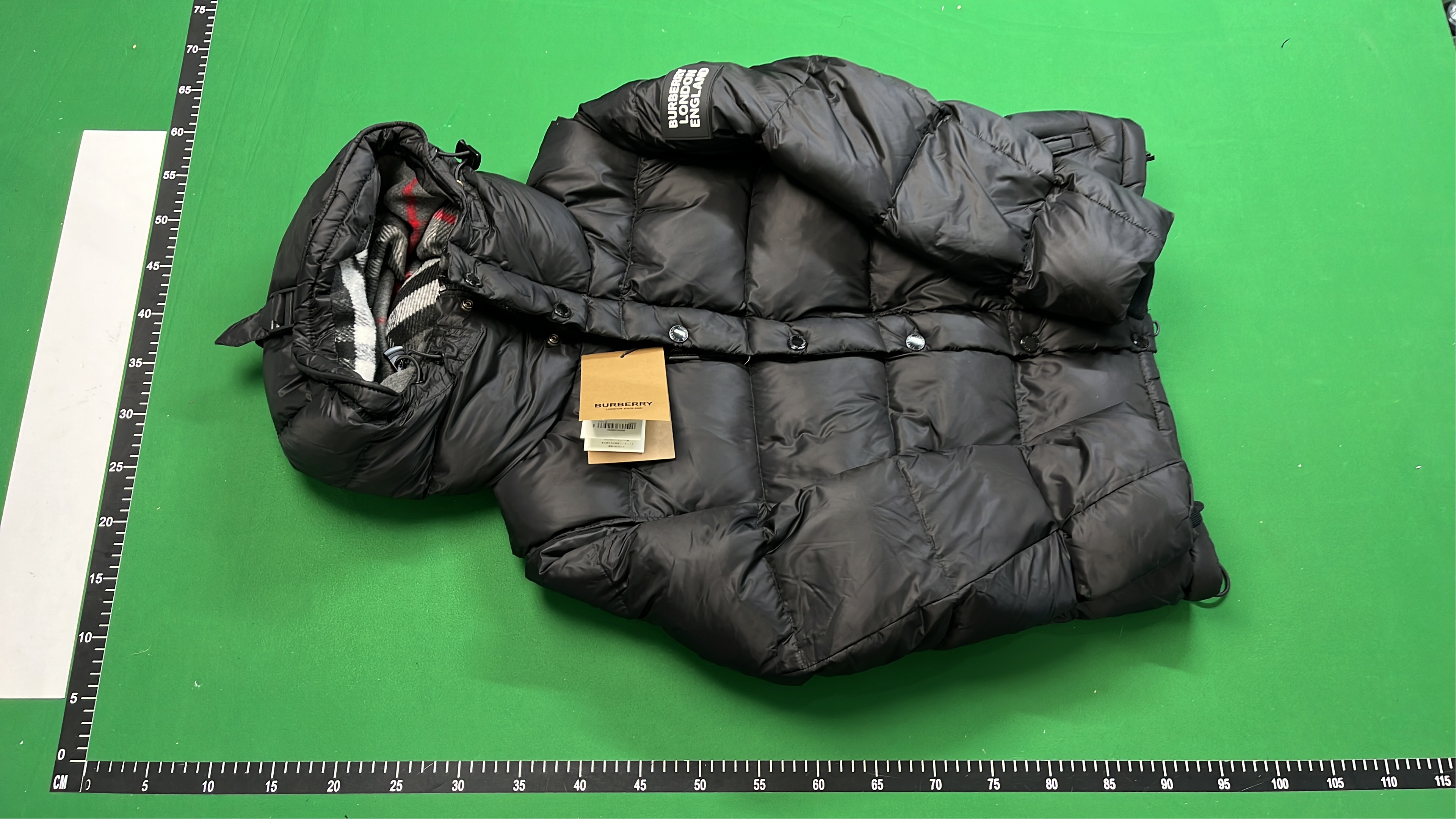 Beige Quilted Down Jacket with Check Lining and Hood
