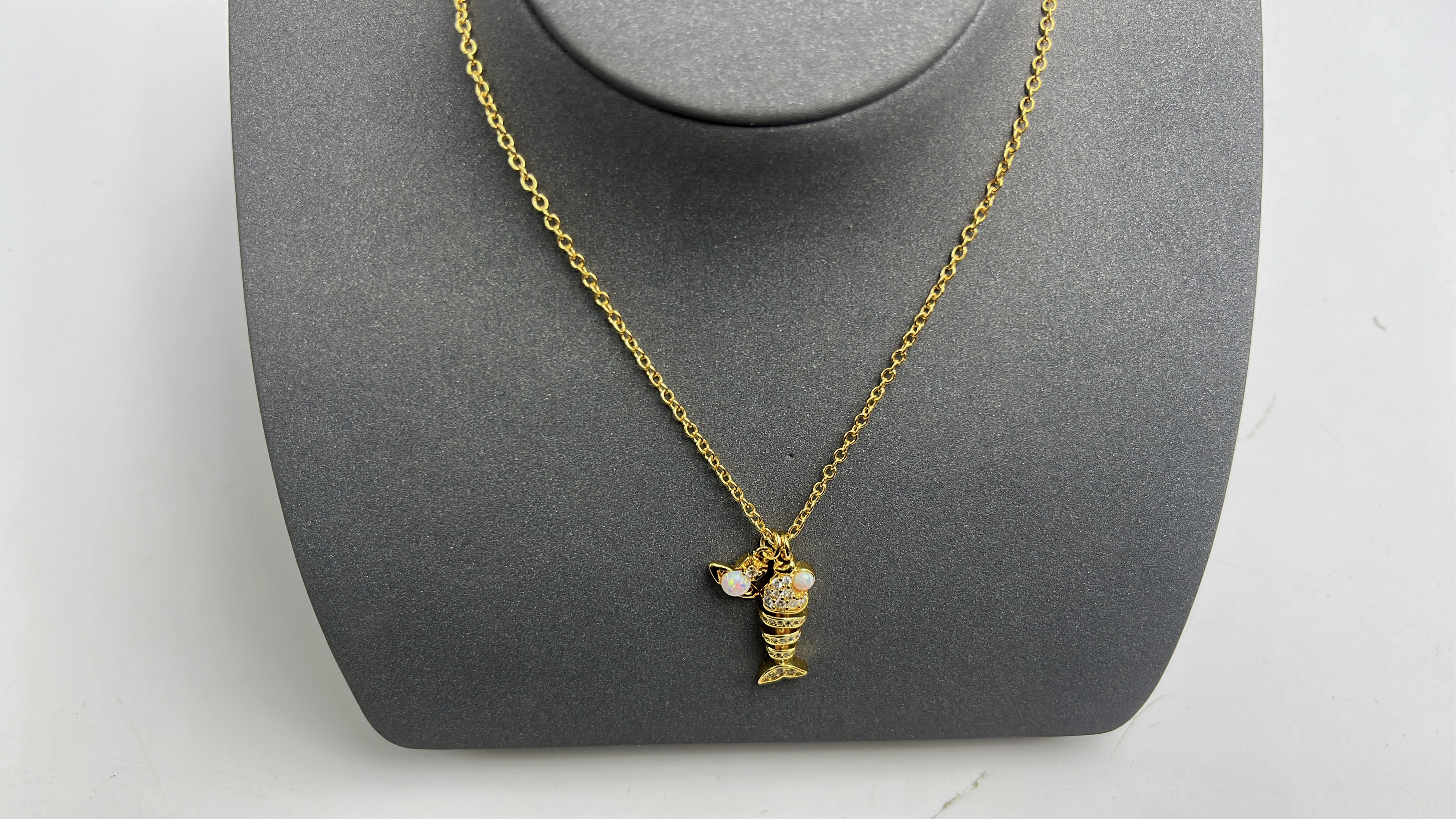 Gold Fish Pendant Necklace with Opal and Crystal Details