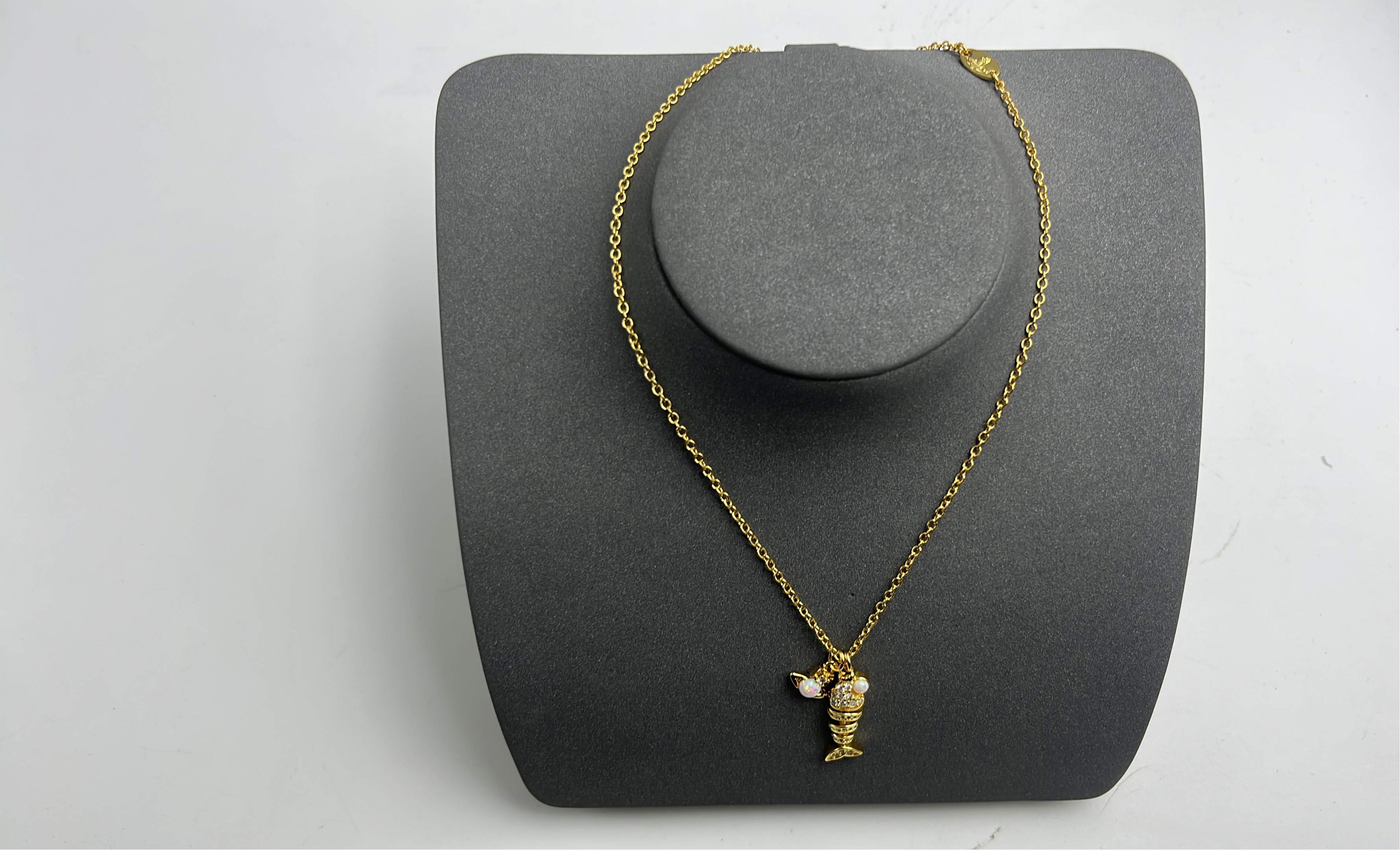 Gold Fish Pendant Necklace with Opal and Crystal Details