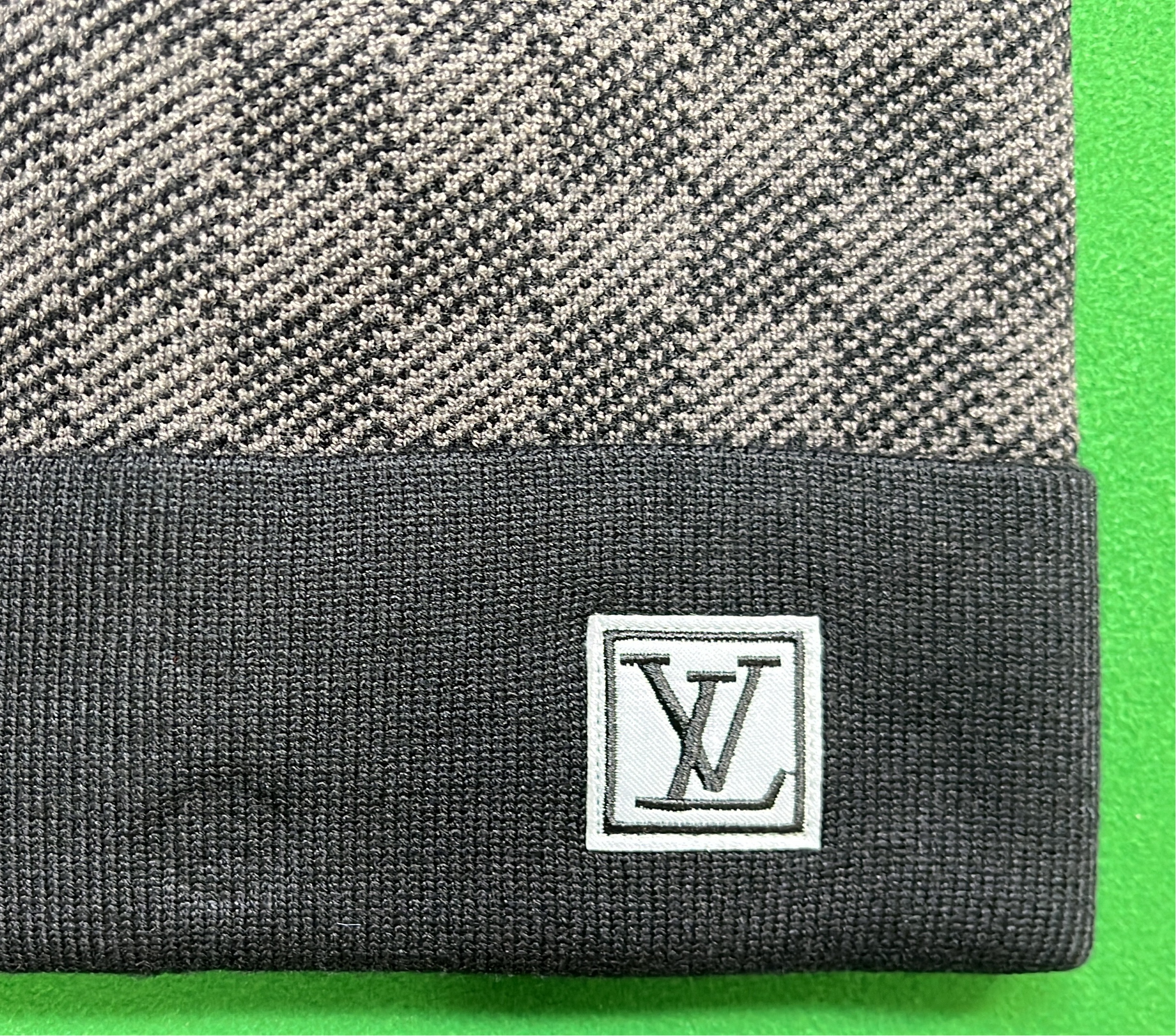 LV Gray Checkerboard Beanie Hat with Logo Patch