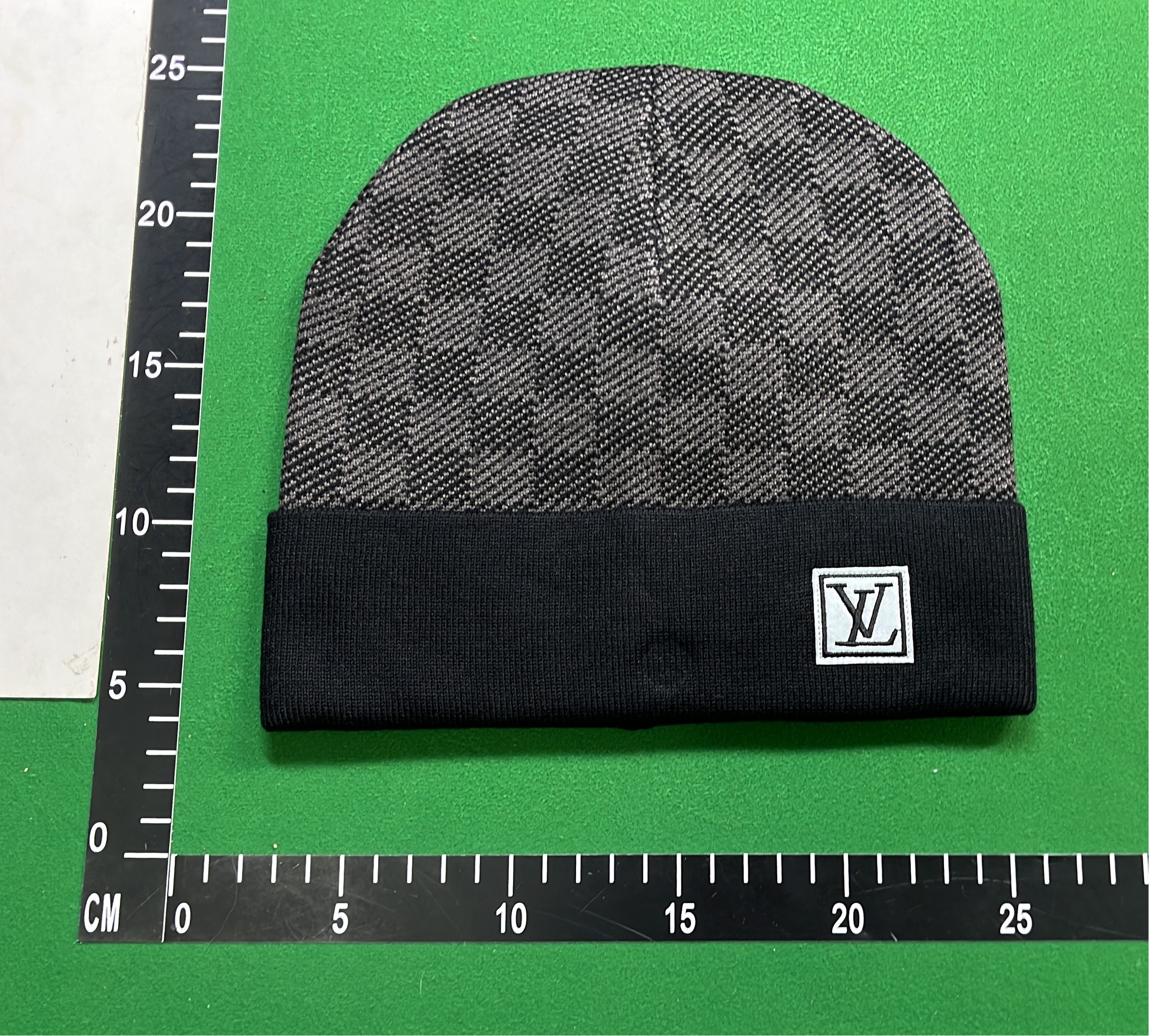 LV Gray Checkerboard Beanie Hat with Logo Patch
