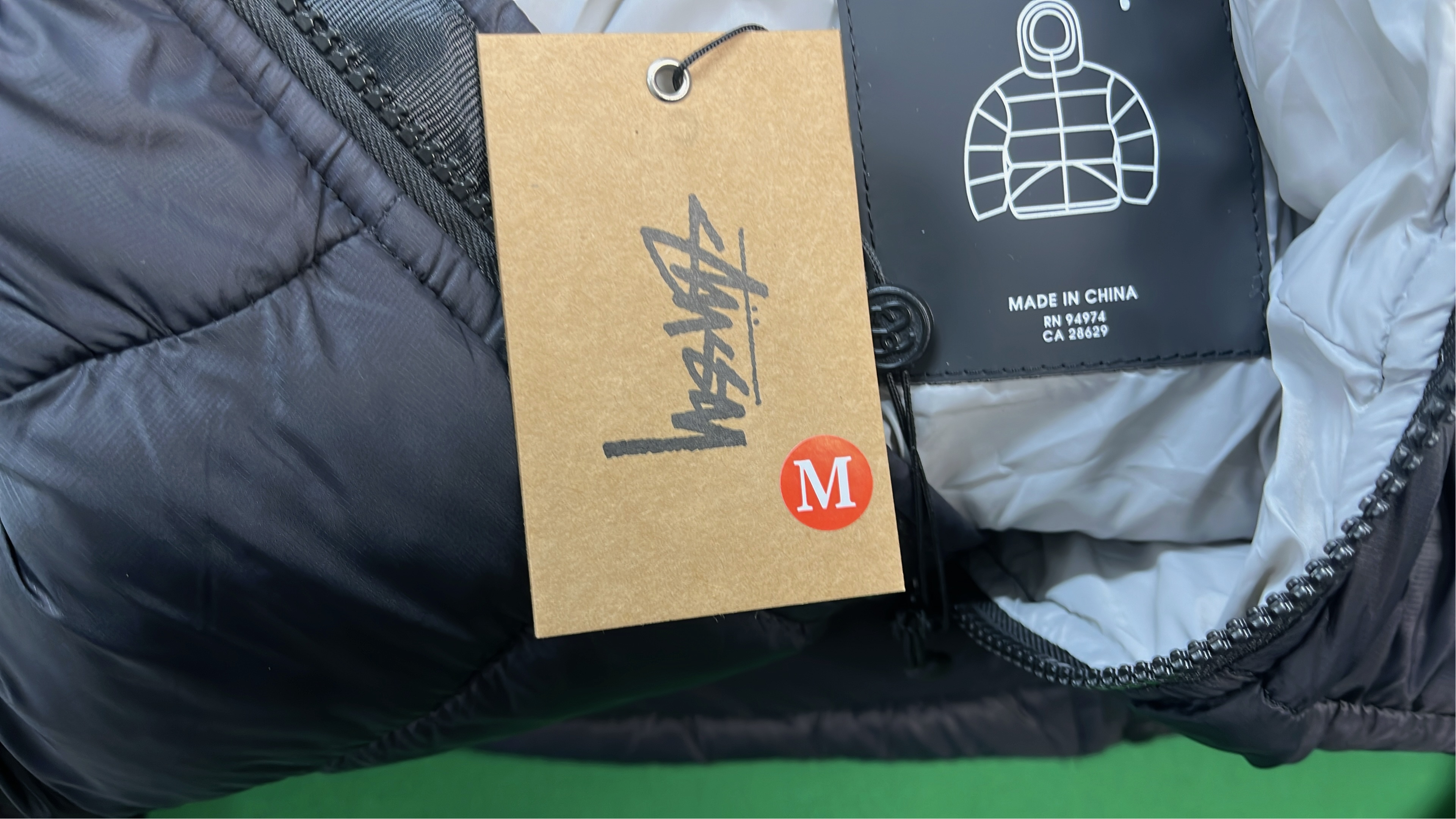 Stussy Black Grey Puffer Jacket with Hood