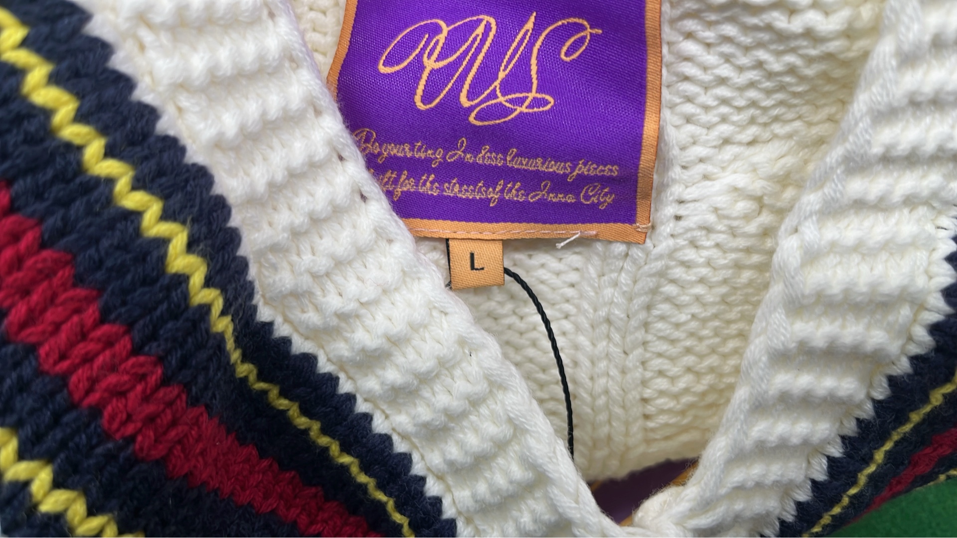 Vintage White Cable Knit V-Neck Sweater with Red and Navy Trim
