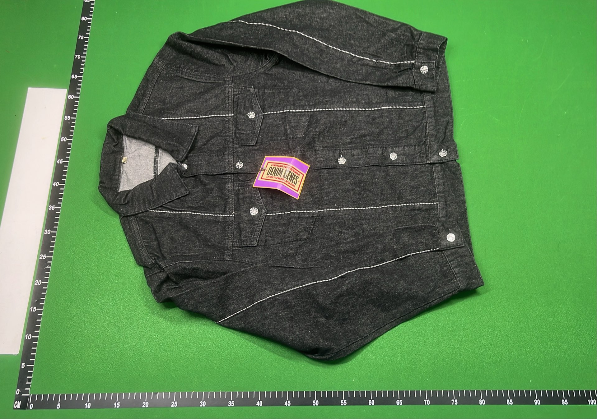 Black Denim Jacket with Silver Buttons and Tags