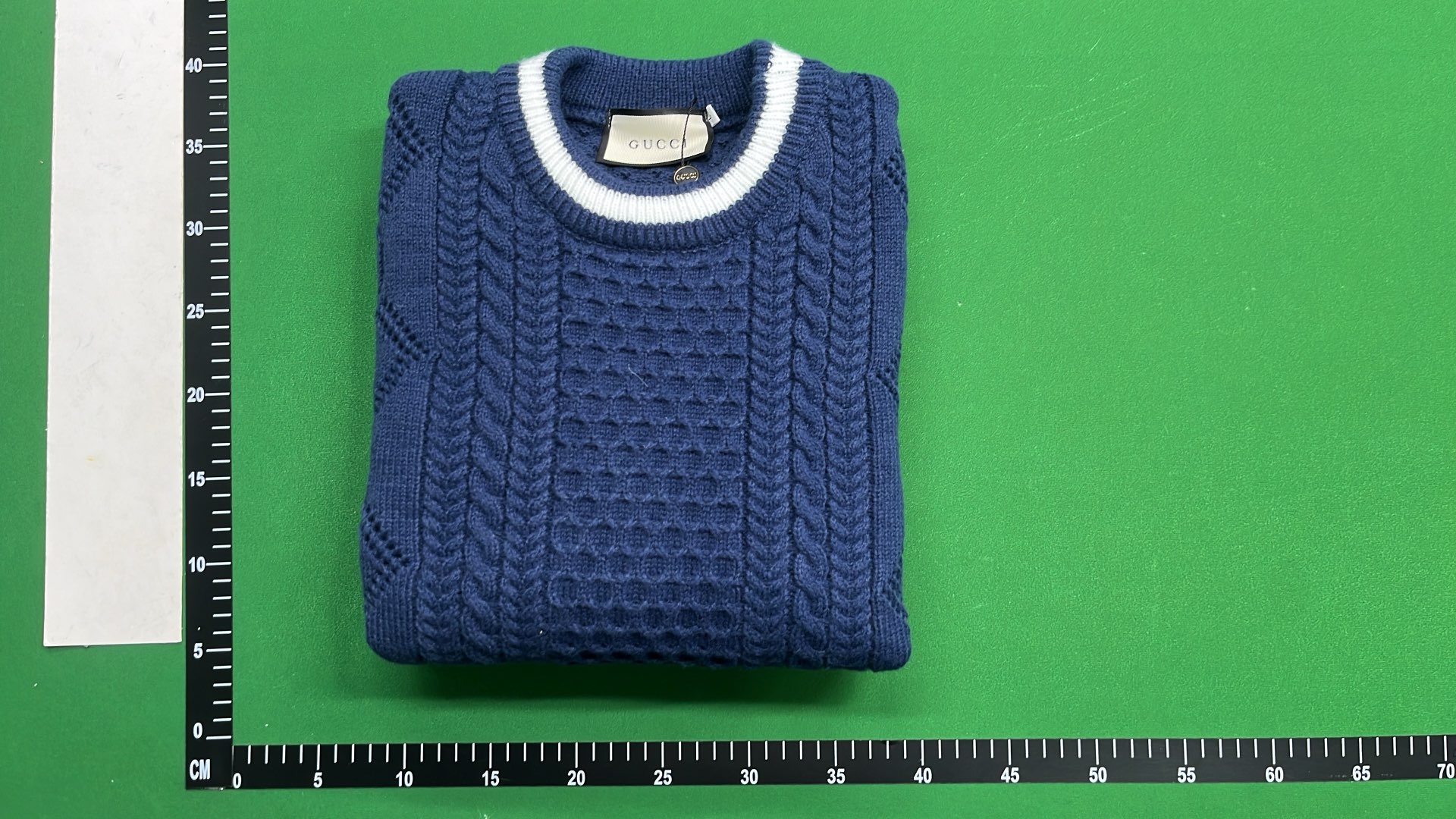 Navy Blue Cable Knit Sweater with White Trim