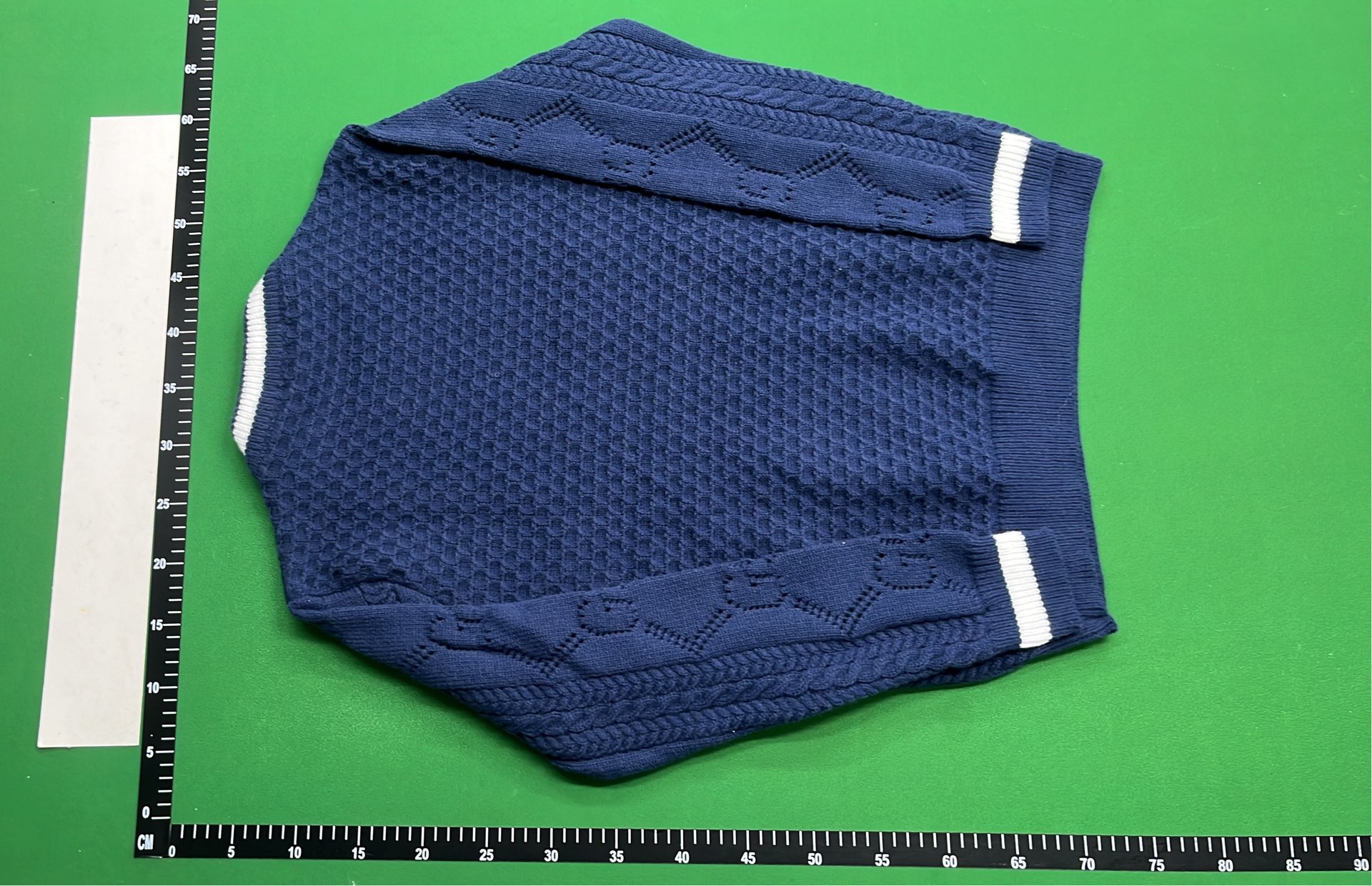 Navy Blue Cable Knit Sweater with White Trim
