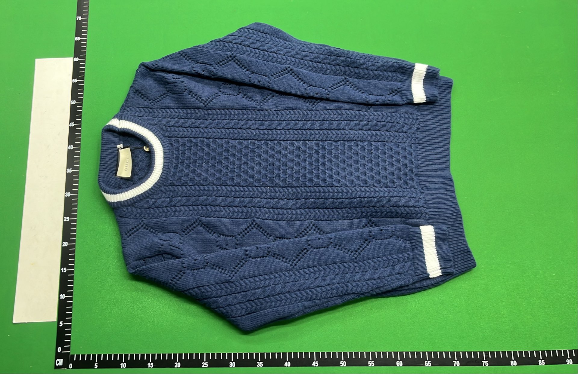 Navy Blue Cable Knit Sweater with White Trim