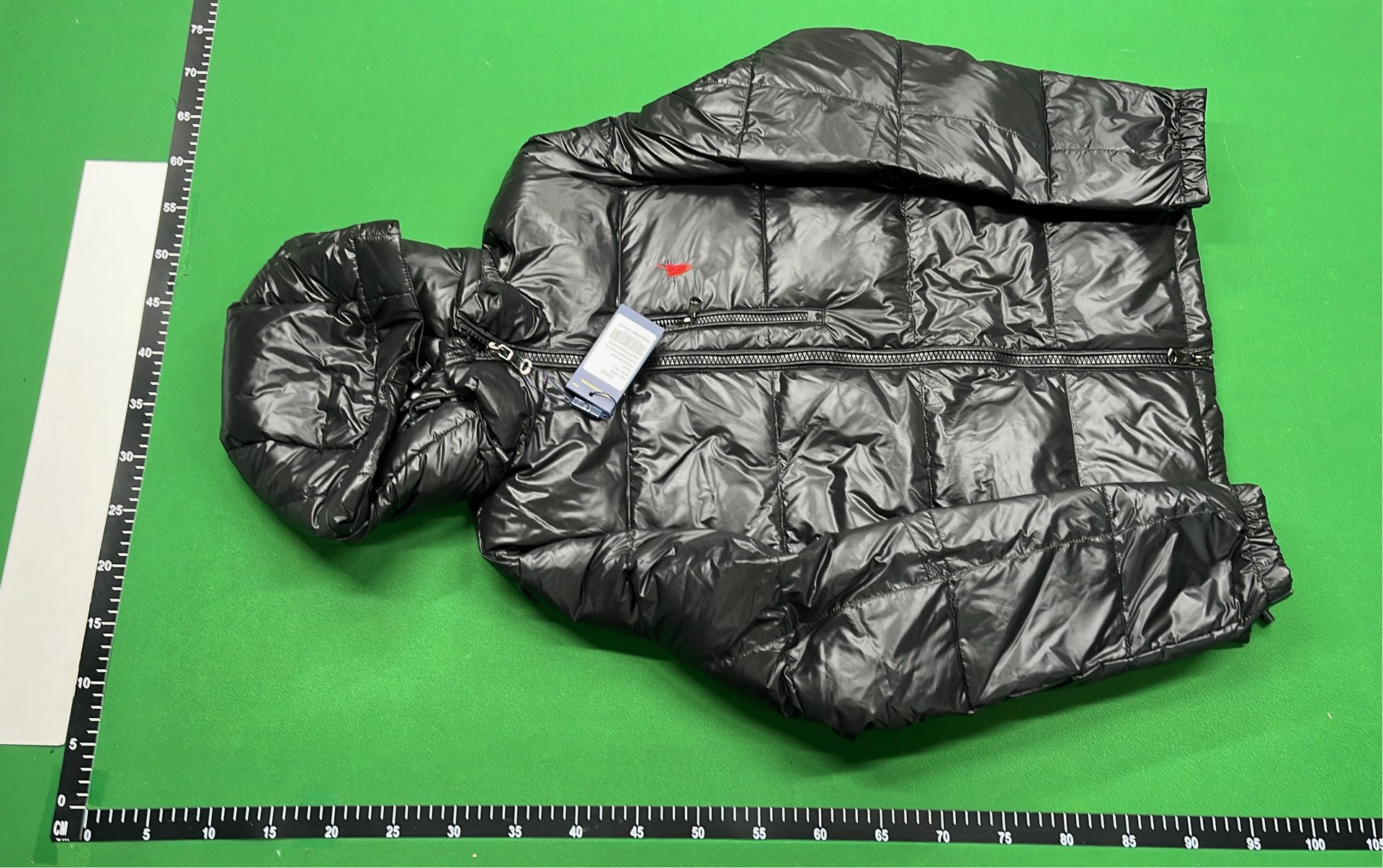 Black Quilted Down Jacket with Hood and Logo