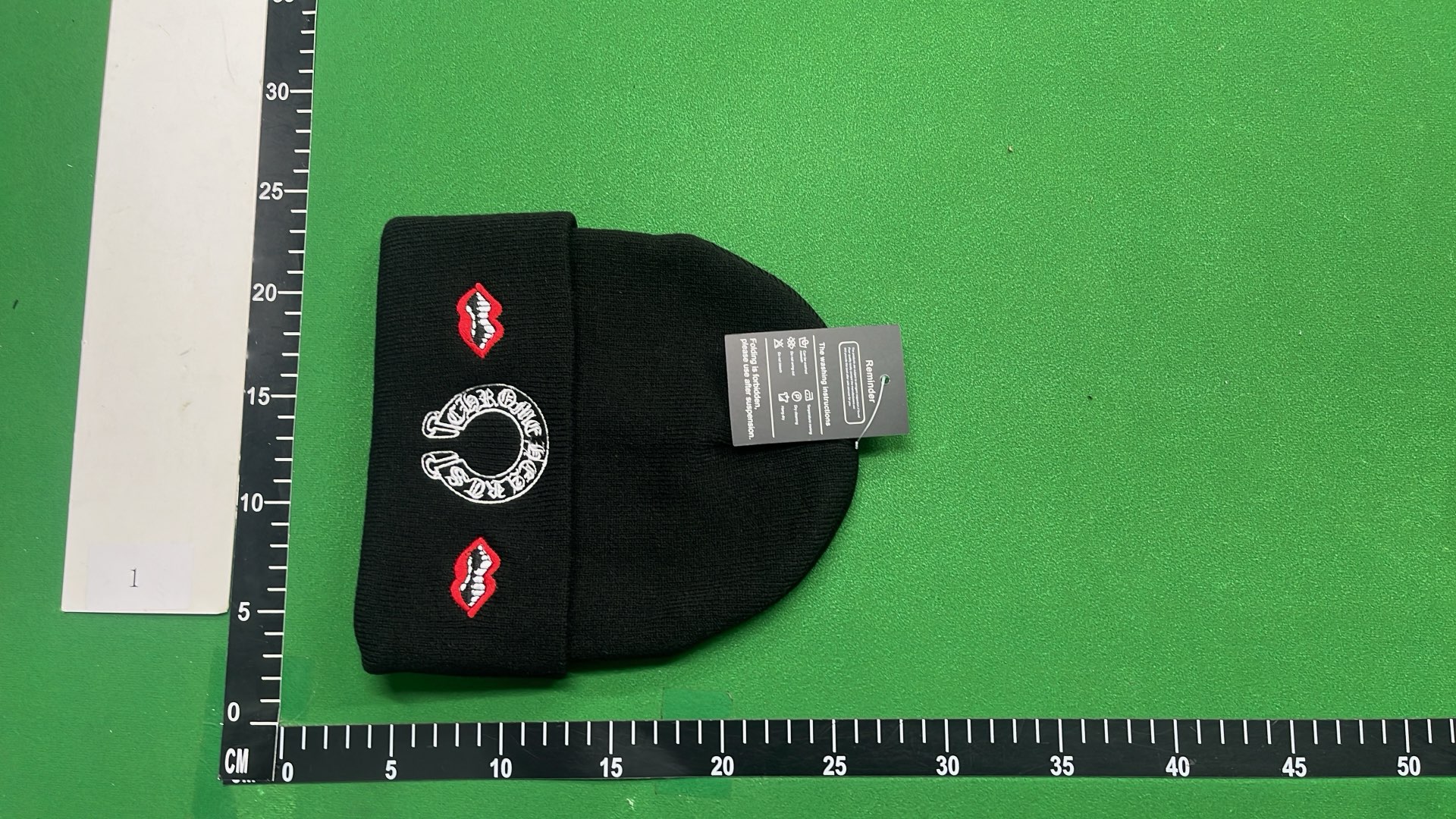 Black Beanie with Red Lips and Logo Embroidery