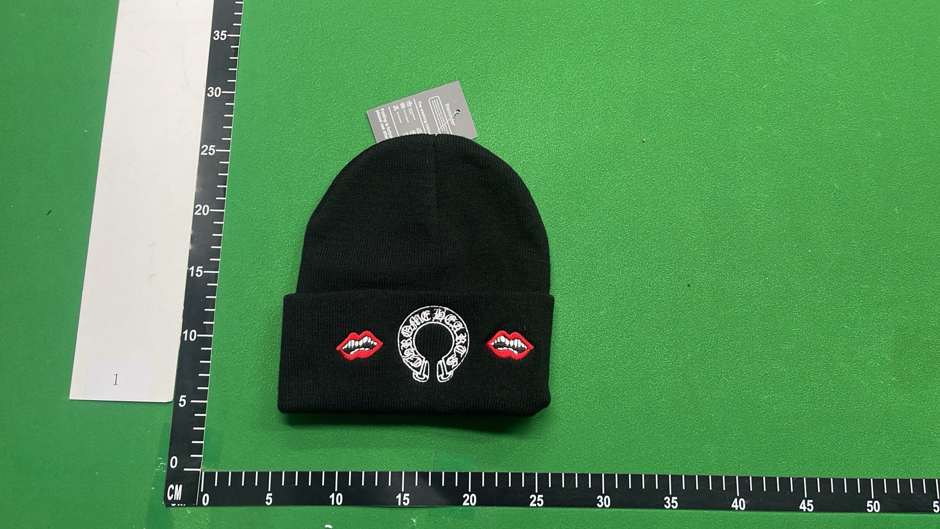 Black Beanie with Red Lips and Logo Embroidery