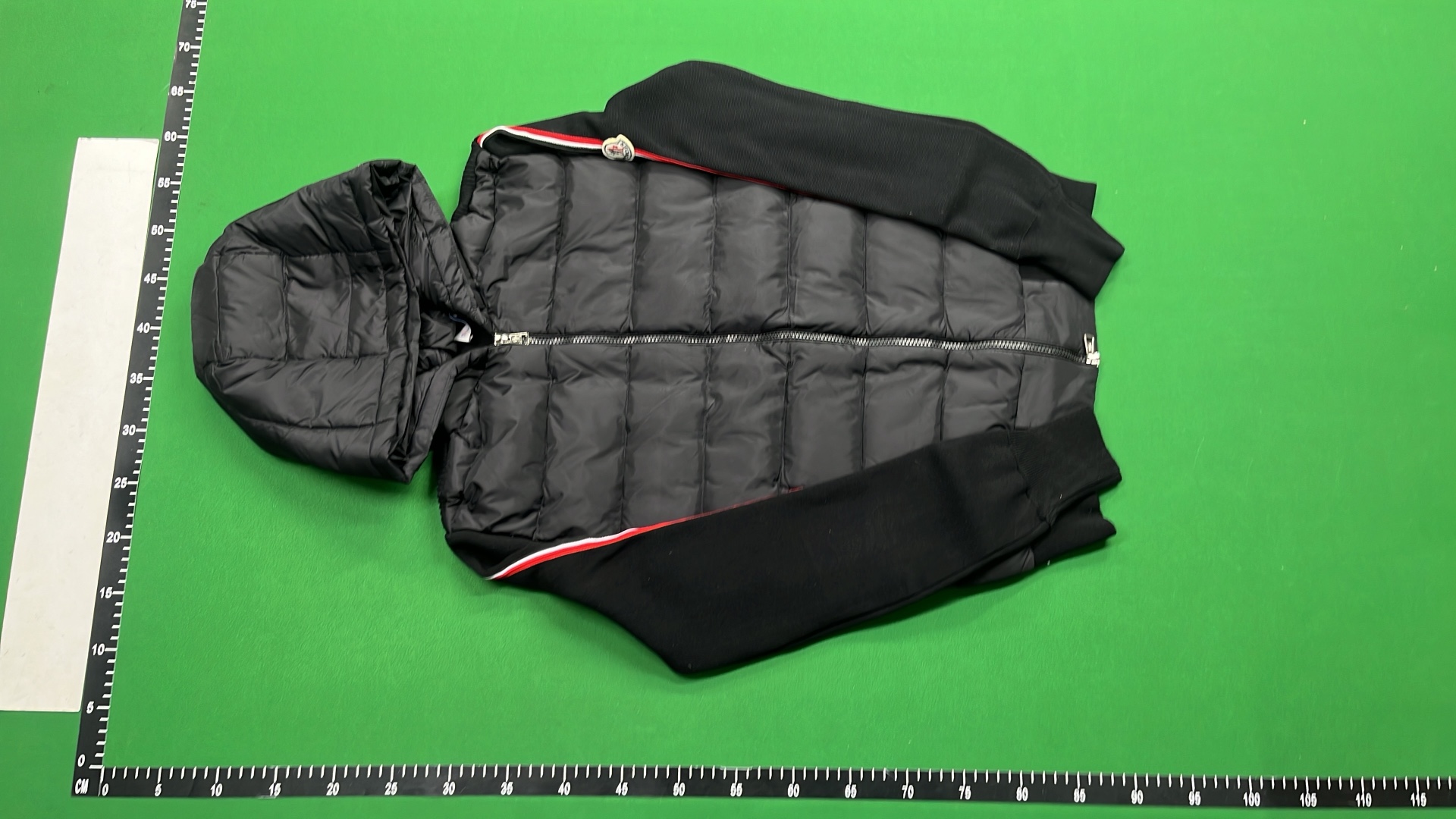 Moncler Black Quilted Hooded Jacket with Red White Blue Drawstrings