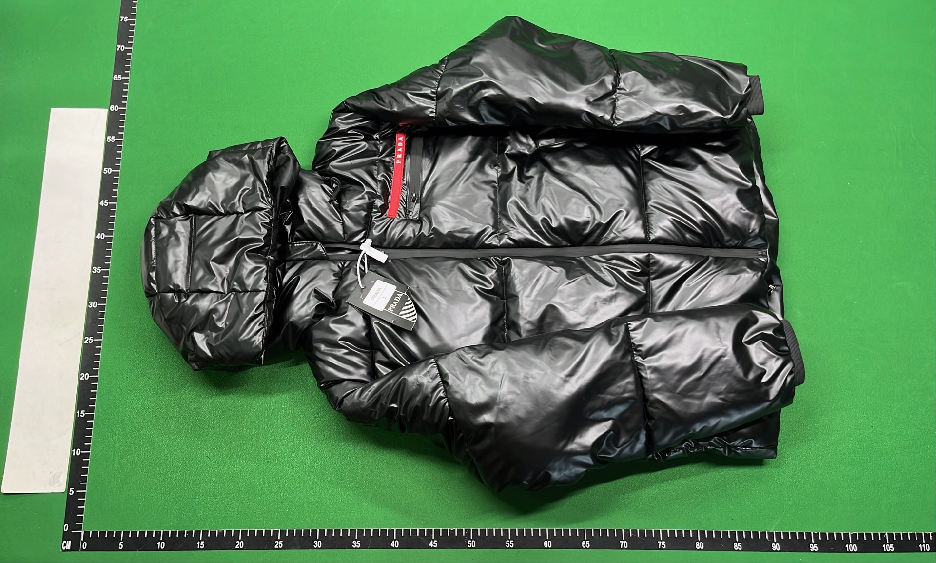 Prada Black Puffer Jacket with Hood and Red Logo