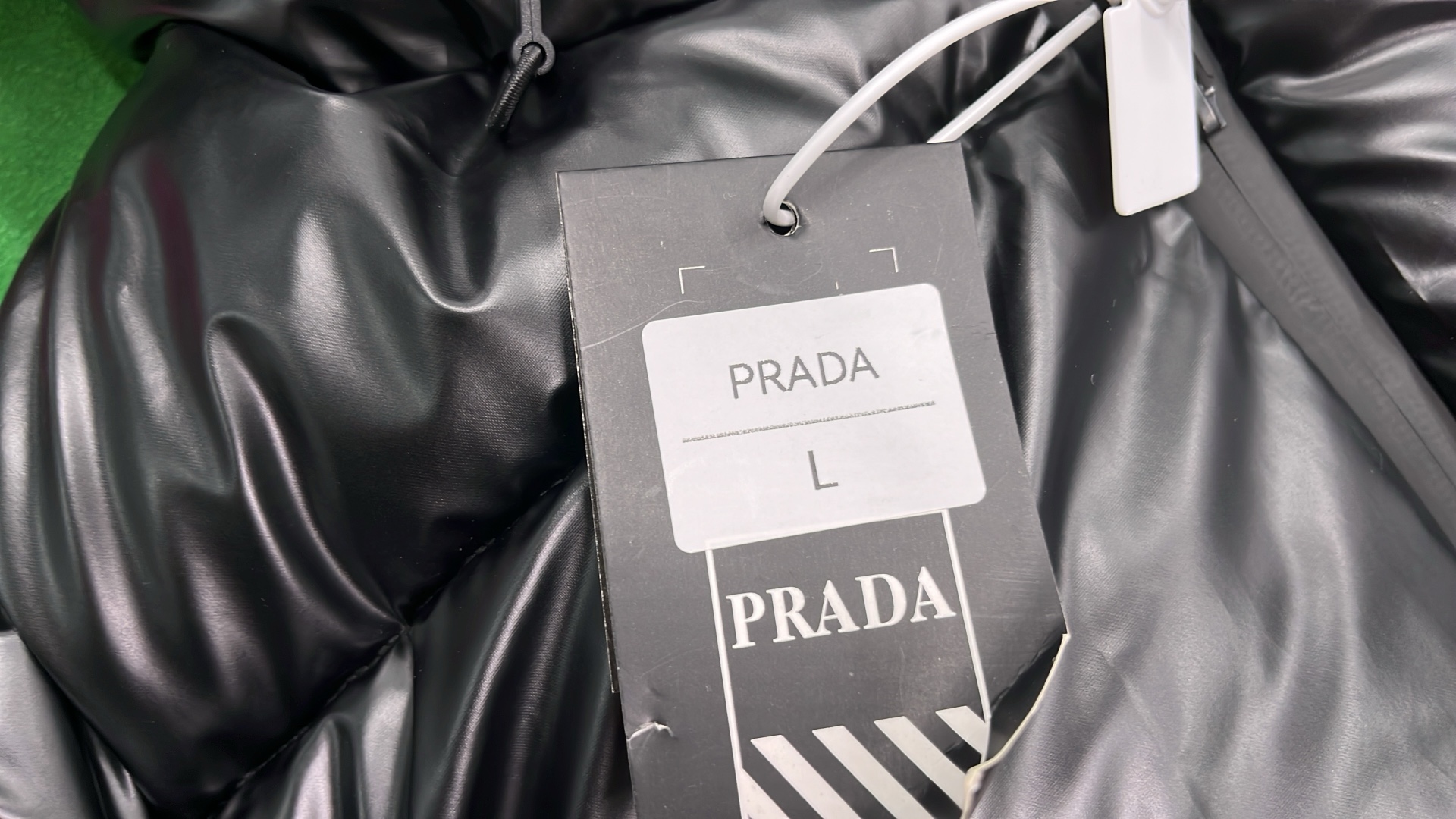 Prada Black Puffer Jacket with Hood and Red Logo