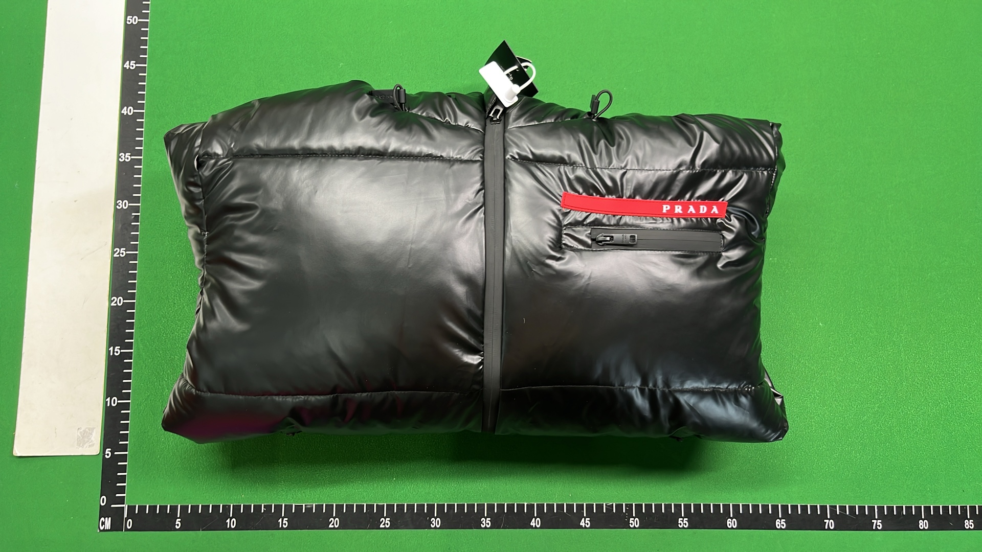 Prada Black Puffer Jacket with Hood and Red Logo