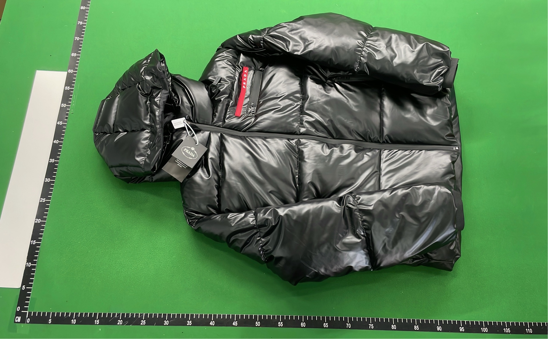 Prada Black Puffer Jacket with Hood and Red Logo