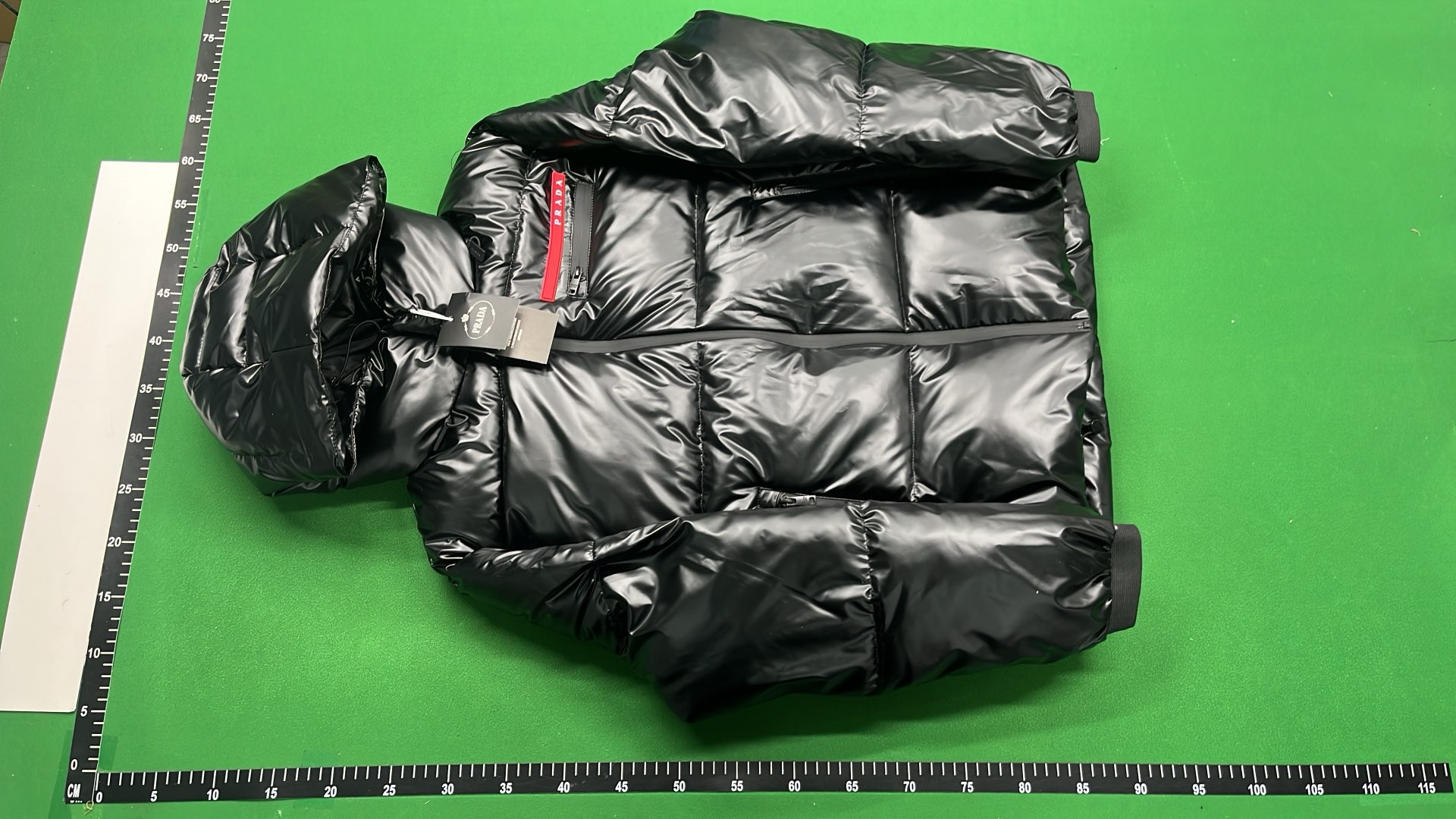 Prada Black Puffer Jacket with Hood and Logo Patch