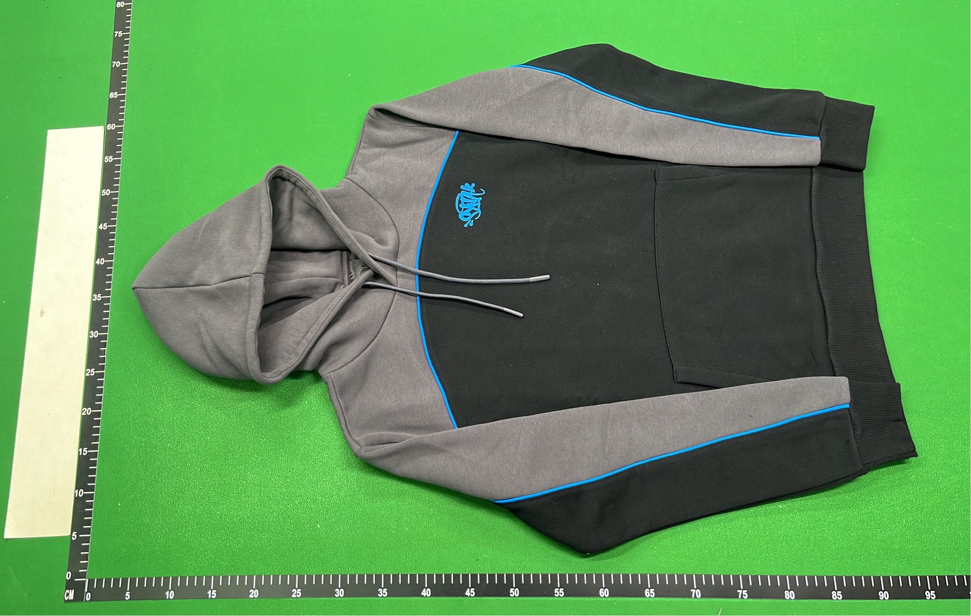 Black and Gray Hoodie with Blue Accents and Logo