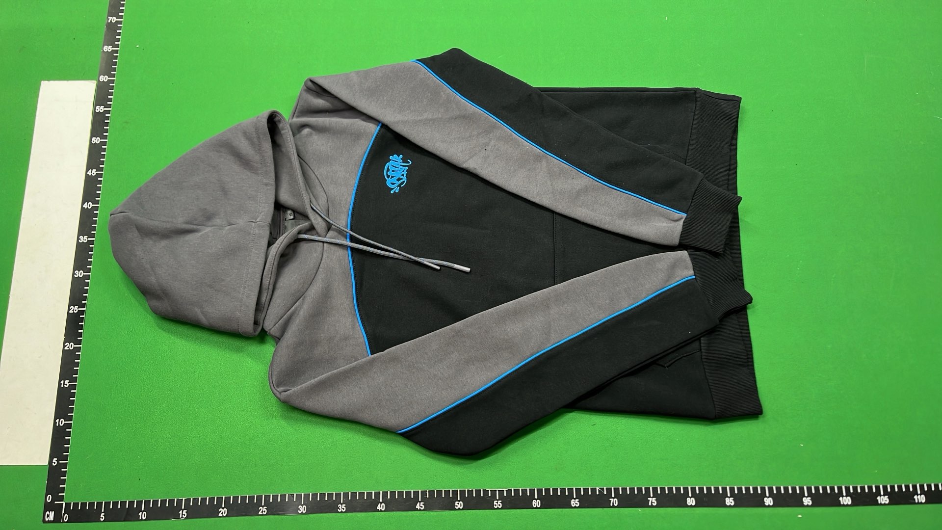 Black and Gray Hoodie with Blue Accents and Logo