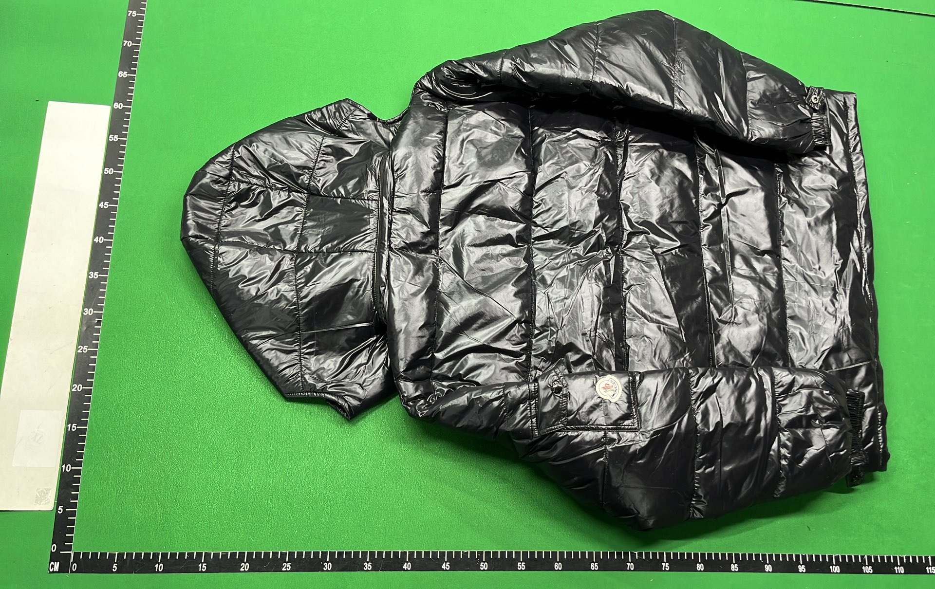 Moncler Black Puffer Jacket with Hood and Red-White Stripe