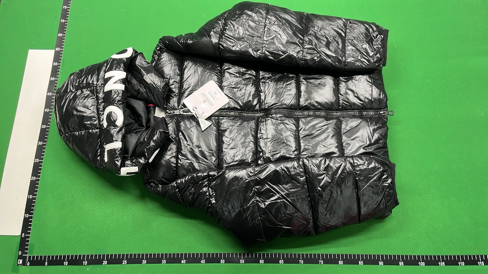 Moncler Black Puffer Jacket with Hood and Red-White Stripe