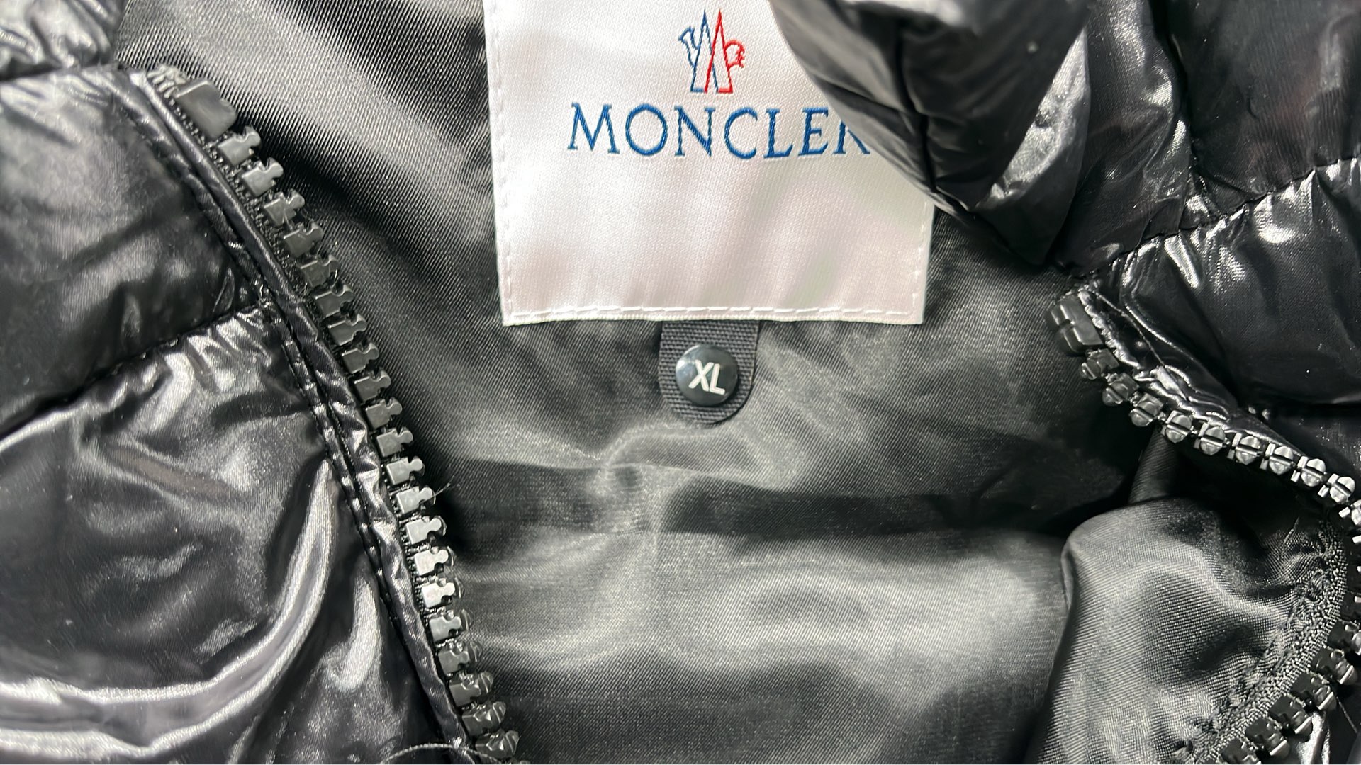 Moncler Black Puffer Jacket with Hood and Red-White Stripe