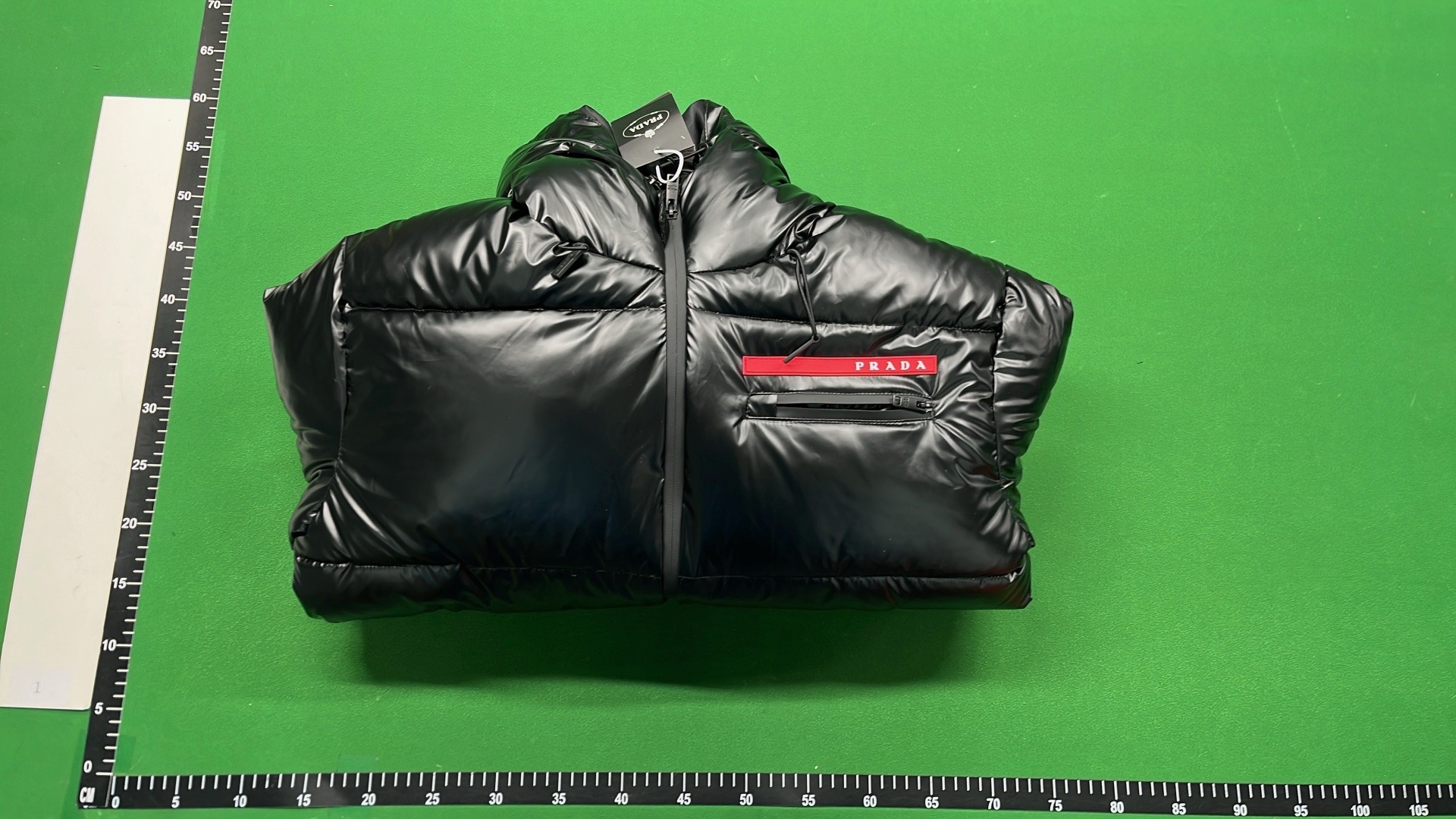 Prada Black Nylon Down Jacket with Hood and Red Logo Strip